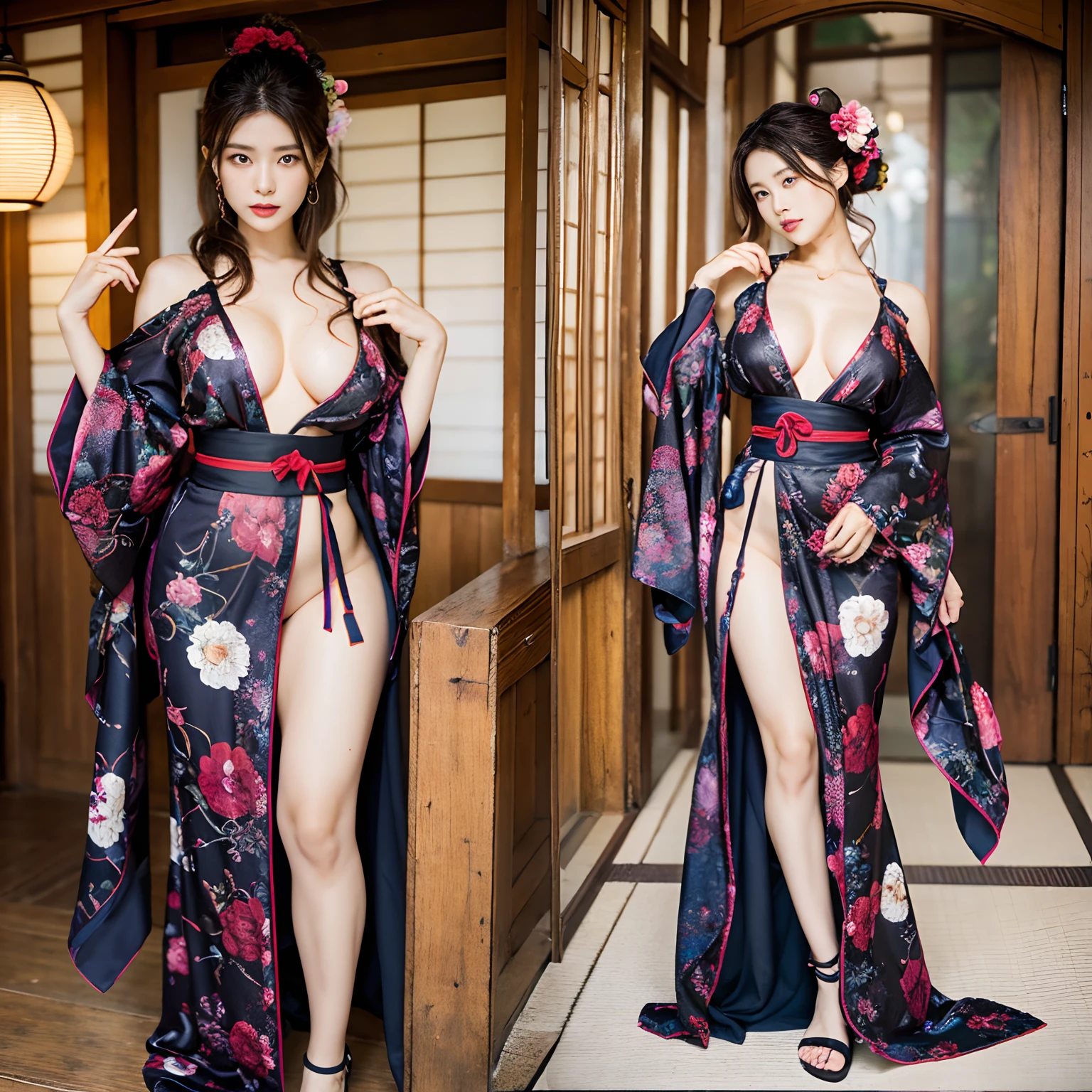 1womanl, (tmasterpiece: 1.3),Beautiful mature woman Japan woman, Detailed finger, beautifull hands, hyper realisitc, 1womanl, (drooping chest, Bewitching body: 1.2) brunette color hair: 1.1, Super Detailed Face, Detailed lips, Detailed eyes, 二重まぶた, Sexy low cut neckline kimono, Open neckline, Sagging chest, Horizontal posture, Visible curves,full body1:1
