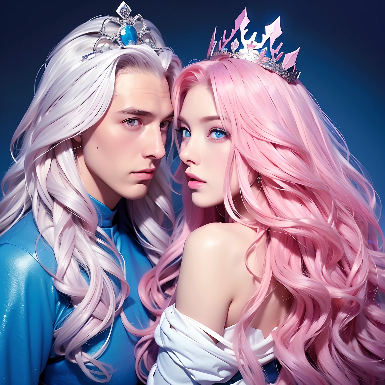 (Couple, woman long curly hair, pink hair, blue eyes)(man, young, boy, long hair, white hair, blue eyes) couple, sexy position, beautiful couple, king and queen, crown