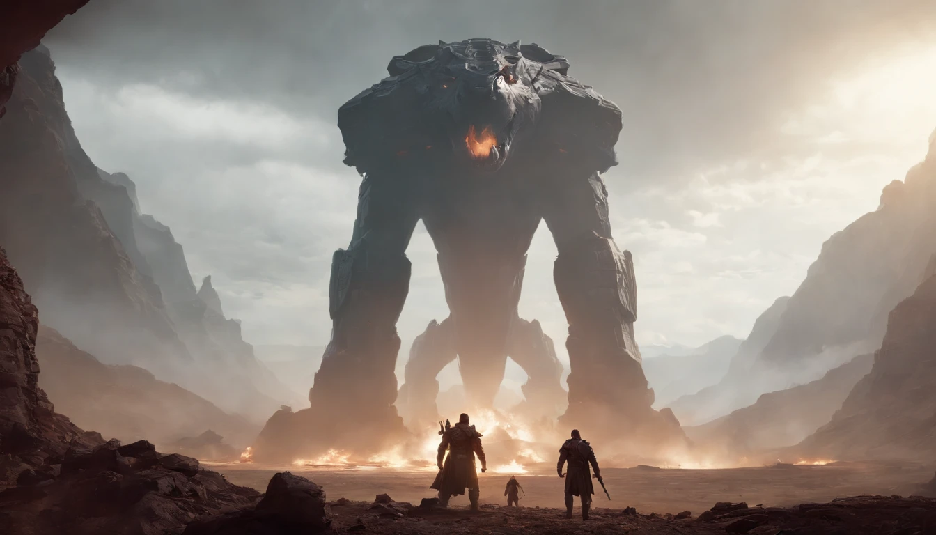 two warriors silhouettes standing in front of a massive [three-headed Cerberus] aggressively standing 100feet tall, located in a battlefield , concept art wallpaper 4k, sci-fi fantasy wallpaper, sci fi artwork, detailed sci-fi art, beautiful sci fi art, spaceships in the cloudy sky, concept art artwork masterpiece, concept art 4k, concept art 4 k, sci fi concept art, mystical sci-fi concept art