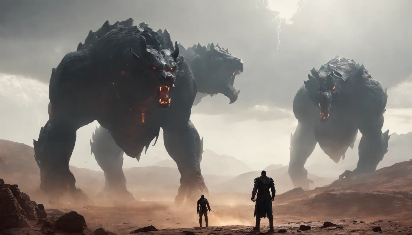 two warriors silhouettes standing in front of a massive [three-headed Cerberus] aggressively standing 100feet tall, located in a battlefield , concept art wallpaper 4k, sci-fi fantasy wallpaper, sci fi artwork, detailed sci-fi art, beautiful sci fi art, spaceships in the cloudy sky, concept art artwork masterpiece, concept art 4k, concept art 4 k, sci fi concept art, mystical sci-fi concept art