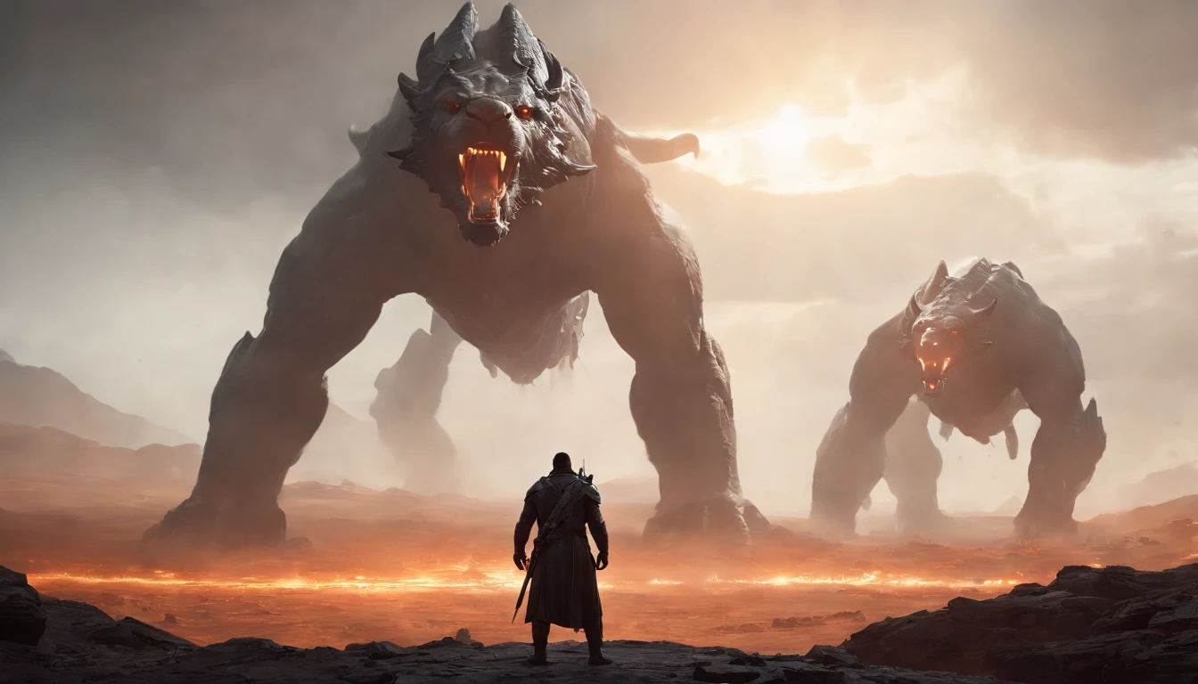 two warriors silhouettes standing in front of a massive [three-headed Cerberus] aggressively standing 100feet tall, located in a battlefield , concept art wallpaper 4k, sci-fi fantasy wallpaper, sci fi artwork, detailed sci-fi art, beautiful sci fi art, spaceships in the cloudy sky, concept art artwork masterpiece, concept art 4k, concept art 4 k, sci fi concept art, mystical sci-fi concept art