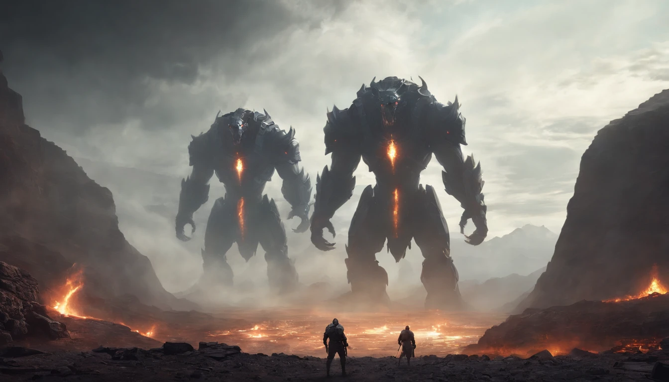 two warriors silhouettes standing in front of a massive [three-headed Cerberus] aggressively standing 100feet tall, located in a battlefield , concept art wallpaper 4k, sci-fi fantasy wallpaper, sci fi artwork, detailed sci-fi art, beautiful sci fi art, spaceships in the cloudy sky, concept art artwork masterpiece, concept art 4k, concept art 4 k, sci fi concept art, mystical sci-fi concept art