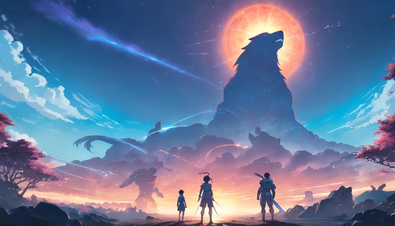two warriors silhouettes standing in front of a massive [three-headed Cerberus] aggressively standing 100feet tall, located in a battlefield , concept art wallpaper 4k, sci-fi fantasy wallpaper, sci fi artwork, detailed sci-fi art, beautiful sci fi art, spaceships in the cloudy sky, concept art artwork masterpiece, concept art 4k, concept art 4 k, sci fi concept art, mystical sci-fi concept art