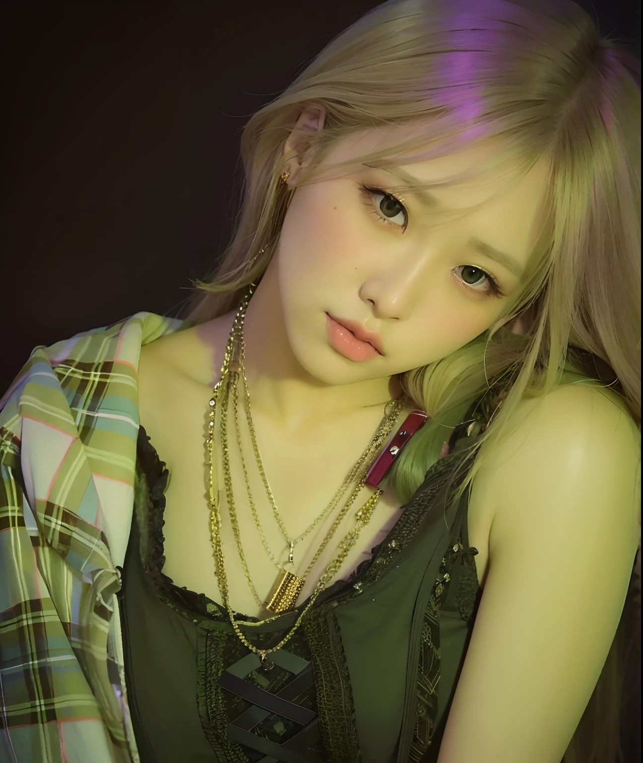 blond woman with long hair wearing a plaid shirt and necklace, roseanne park of blackpink, portrait of jossi of blackpink, jia, jossi of blackpink, jisoo from blackpink, sun yunjoo, portrait jisoo blackpink, heonhwa choe, jinyoung shin, jisoo of blackpink, portrait of female korean idol, leaked image, girl with white hair, ji-min