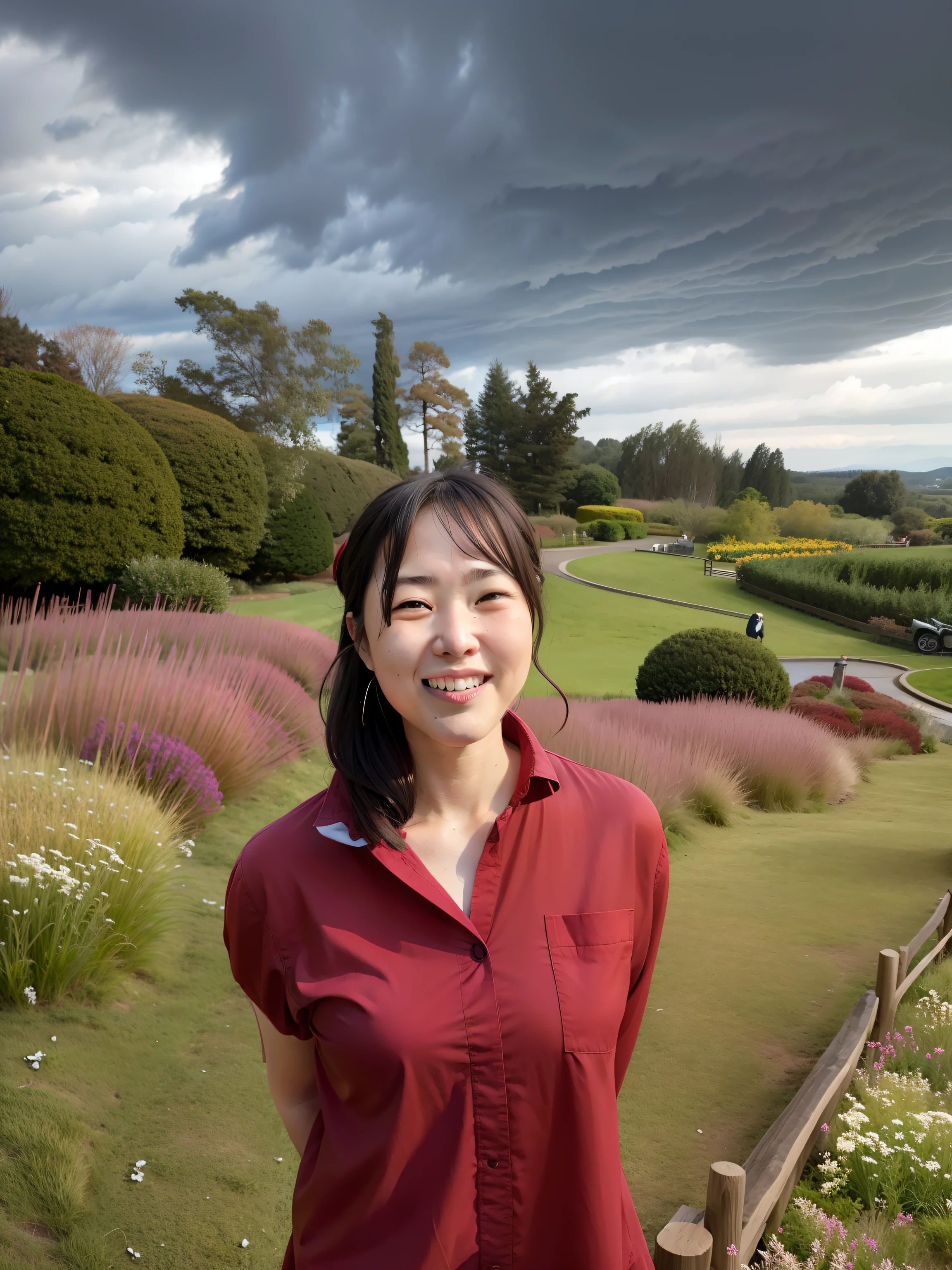 Woman standing in front of cloudy sky and red meadow, standing in a botanical garden, A sexy,doress,35 year old