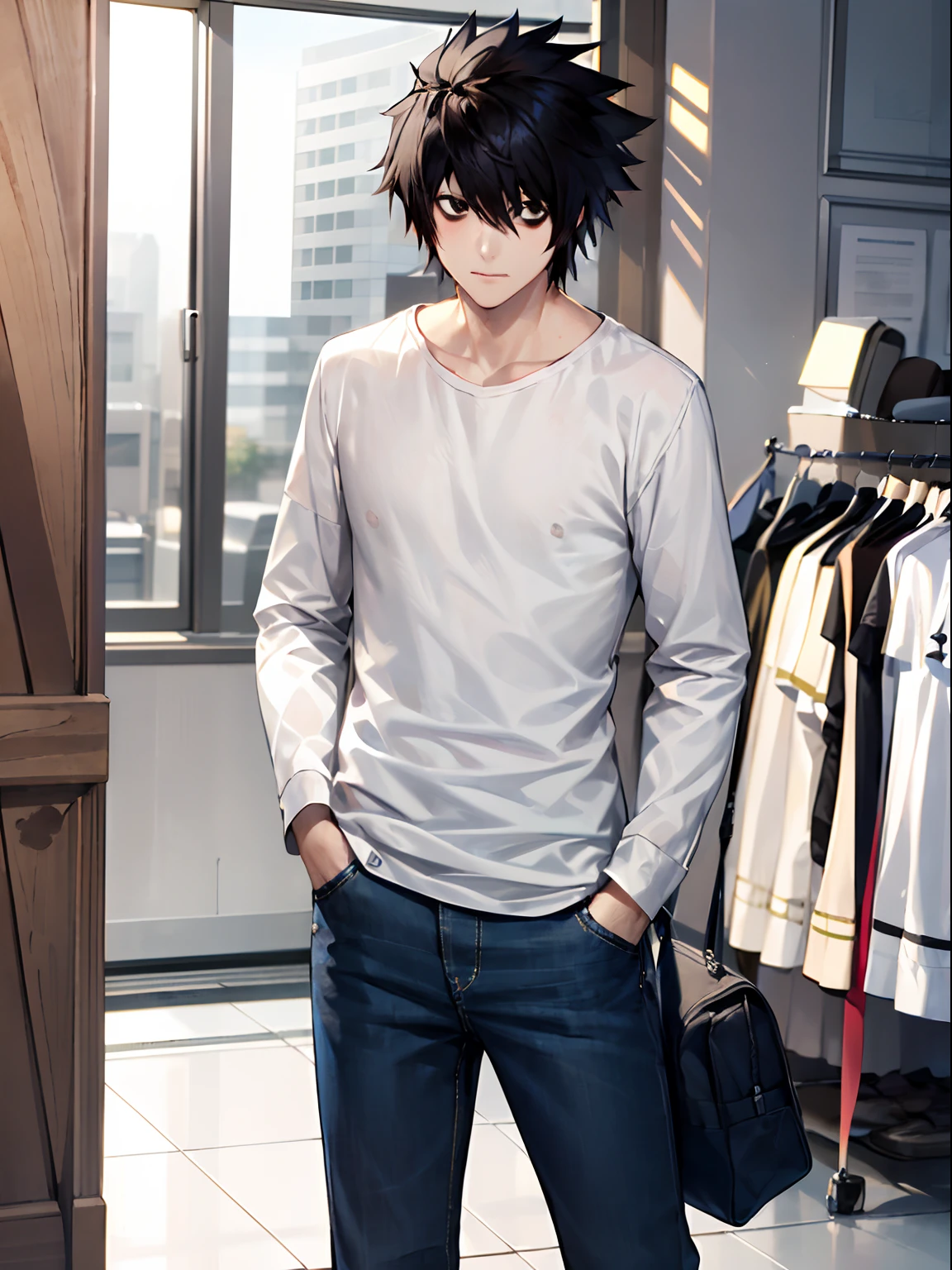 l lawliet, solo, looking at viewer, anime, spiked hair, black hair, 1boy, shirts, bags under eyes, long sleeved shirt, indoors, chrouched, pants, black eyes, male focus, white shirt,