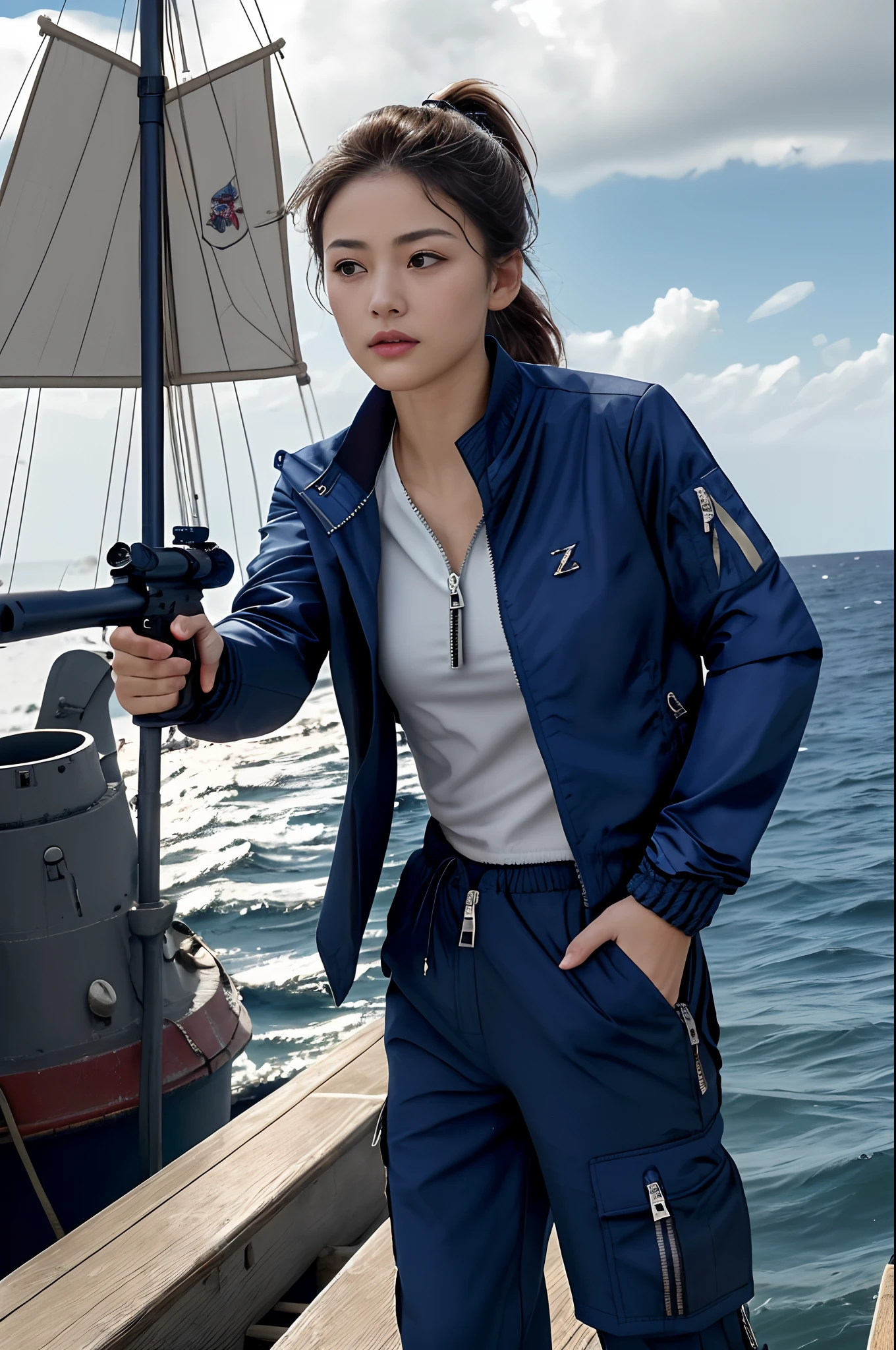 [((on ship deck,1 beautiful girl,Extremely exquisite facial details,short ponytail,Big watery eyes,small face,pale and flawless skin,Exquisite makeup,(Navy Blue zipped-up jacket and pants:1.3),slim,alert,holding rifle,Aiming and shooting,from everywhere))],
masterpiece,highres, highest quality,intricate detail,best texture,realistic,8k,soft light,perfect shadow,
sea,sunny,cloudy,wind,wet, 
Age Of Wind,naval battle,conflict,bombard.firing,Smoke emitting