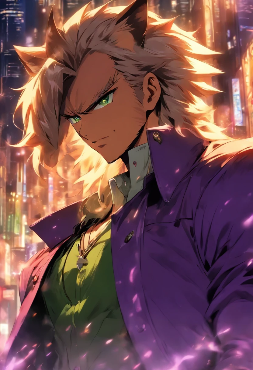 Purple coat, one male, cat ears, long hair, blond, blond hair, green eyes, tall, muscular, white shirt, beautiful face, highest quality, masterpiece, 2d, anime, perfect face, highest detail, feline eyes, stubble, cat tail, wavy hair, cowboy shot, detailed face, intricate details, blushing, nervous, city background, night