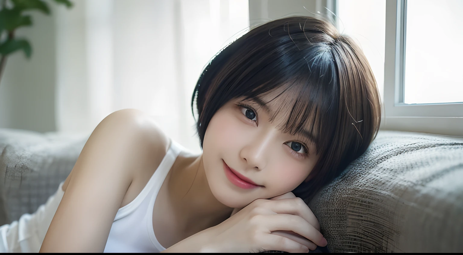 (top-quality,8K,masterpiece:1.3,),(超A high resolution,Photorealsitic:1.4,Raw photography),(ultra-detailliert,shinny skin,Delicate skin),(Detailed face,Perfect Anatomy,Caustics),(Girl sleeping on sofa),18year old,kawaii,Japanese ido,A dark-haired,Shorthair,Gentle smile,white t-shirts,large boob,pink bra,Gray casual shorts,white sock,(The light coming in from the window gently envelops the girl),natural soft light