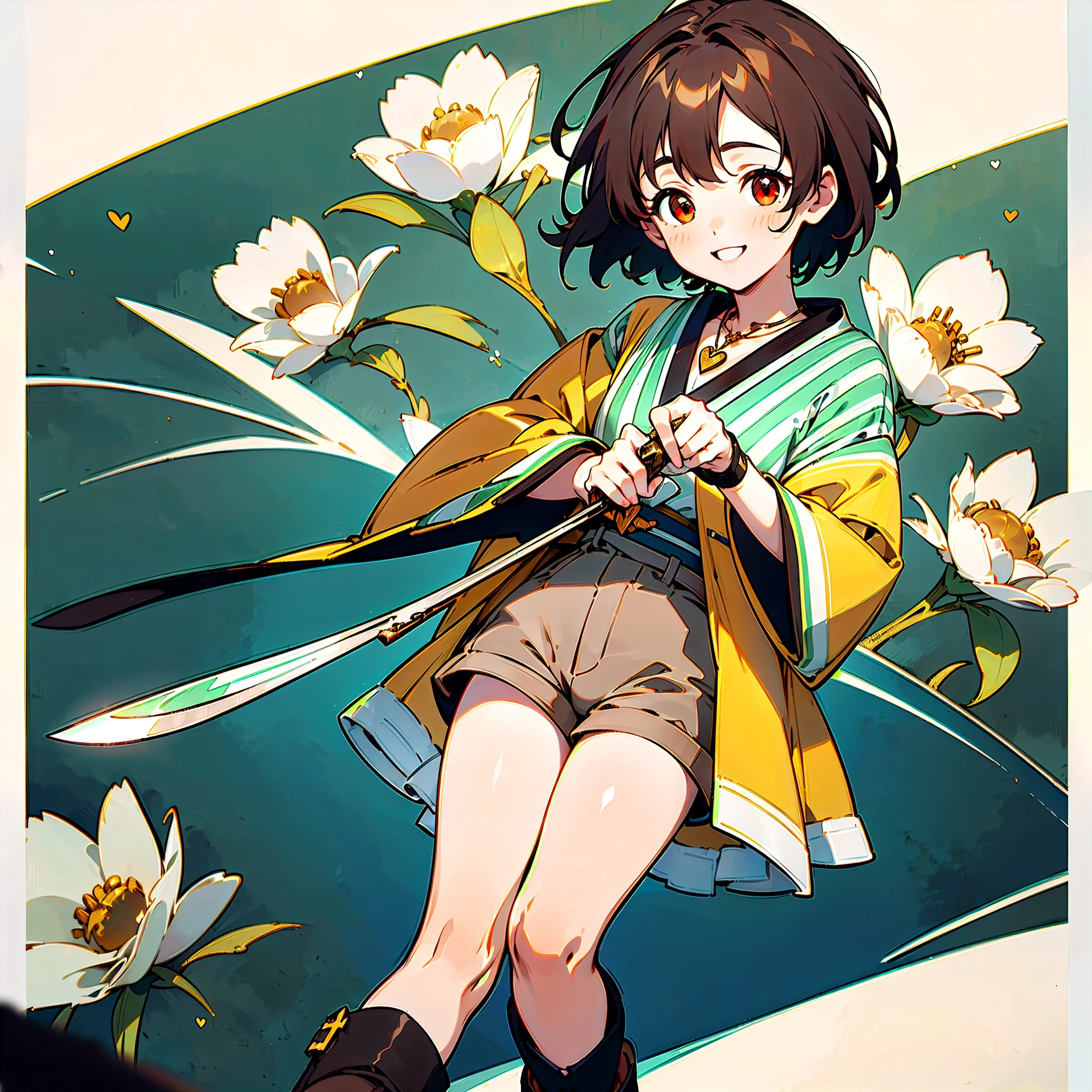 (a girl, brown short hair, red eyes, big smile, rosy cheeks, wearing a golden heart necklace, holding a fruit knife, wearing brown shorts and black stockings, wearing a green striped shirt with a yellow stripe, wearing Japanese women's ankle boots, anime-inspired)style of，The colors are bright and vivid，The light is gentle，There is a sea of flowers in the background，The sky is blue。+(best quality, highres, ultra-detailed, realistic)effect。