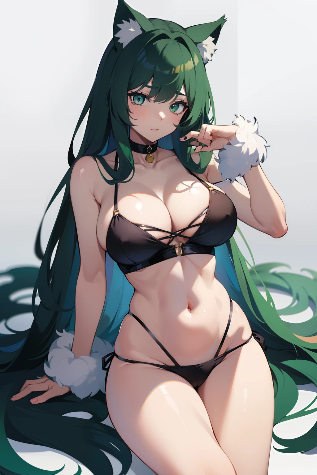 Felicia_aiwaifu,animal_ears,green_eyes,blue_hair,cat_ears,long_hair,animal_hands,breasts,big_hair,very_long_hair,curly_hair,cat_tail,tail,fur,claws,large_breasts,navel,cat_girl,cat_paws,slit_pupils,white_fur,bare_shoulders,muscular_female,collarbone,thighs,cleavage,halftone,