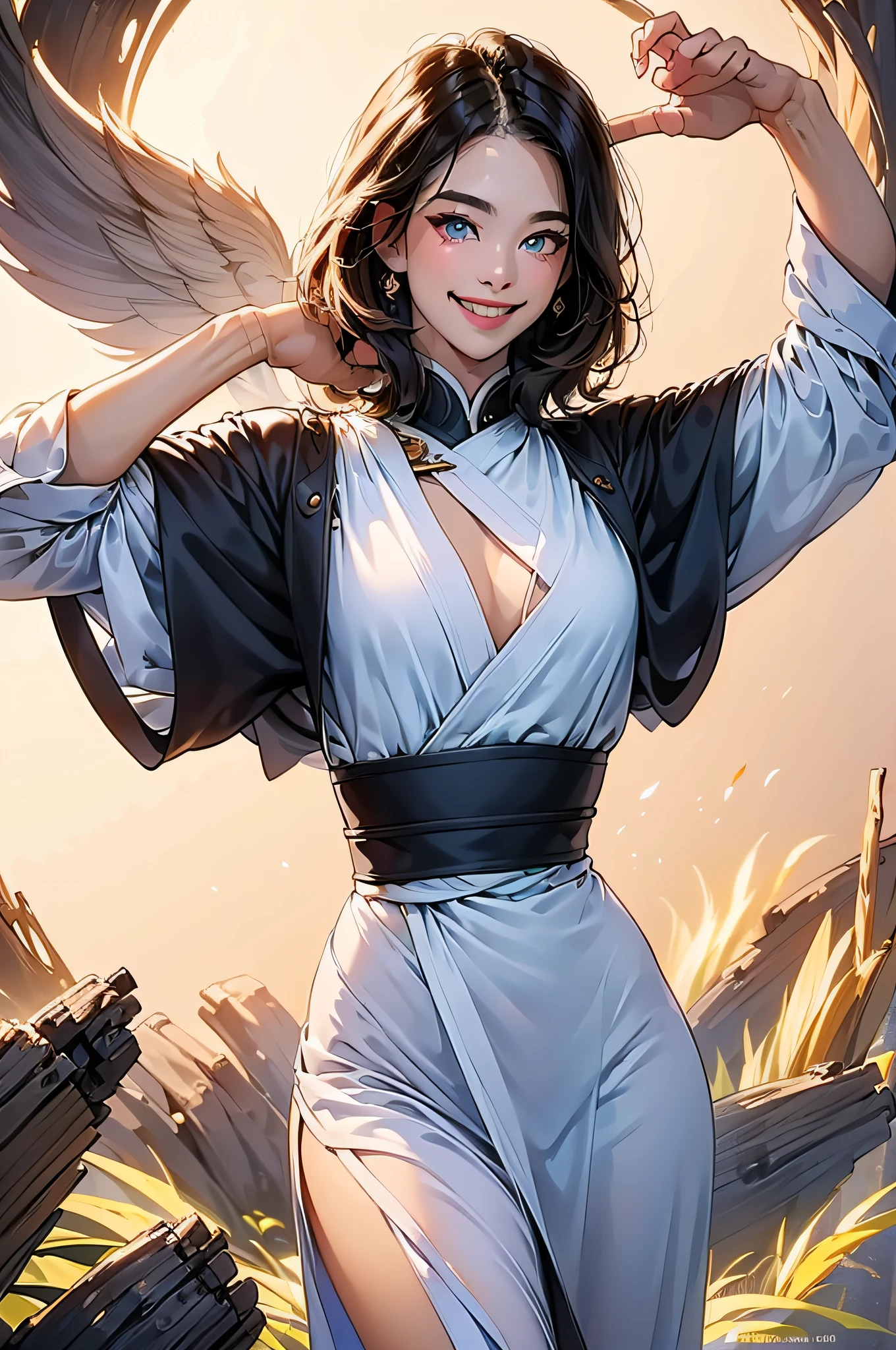 (in 8K、top-quality、​masterpiece:1.2)、1人の女性、(Smiling smile:1.1)、beautidful eyes、Valley、The upper part of the body、shorth hair、Like a boy、Colossal tits、Purple View、