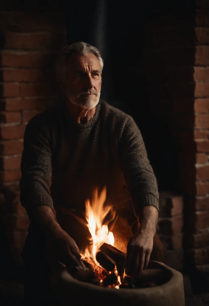 Retrato de un hombre de mediana edad sent6ado a la orilla de una chimenea