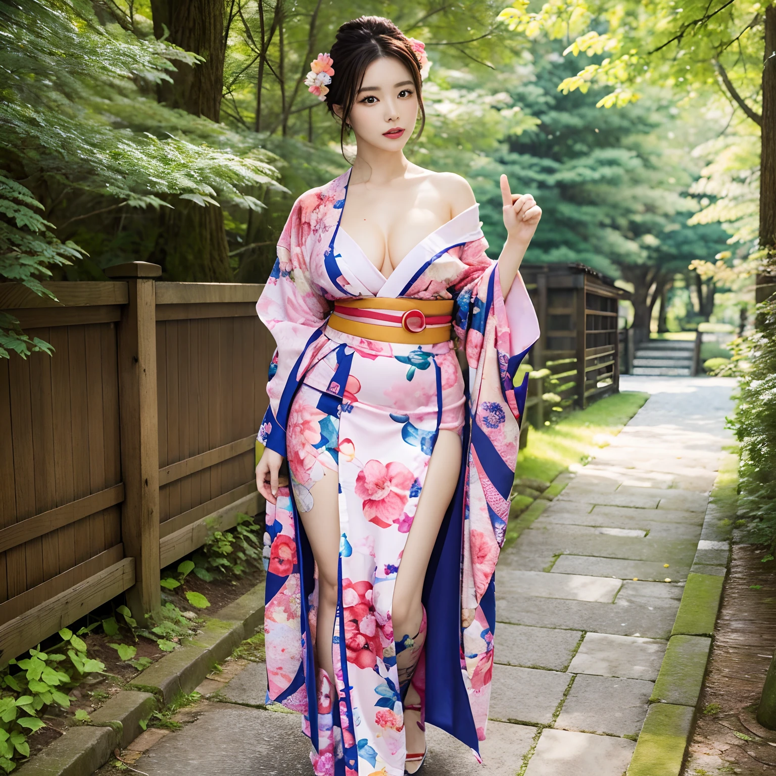 1womanl， （tmasterpiece： 1.3），Beautiful Japan Woman， Detailed finger， beautifull hands， hyper realisitc， 1womanl， （drooping chest， Bewitching body： 1.2） brunette color hair： 1.1， Super Detailed Face， Detailed lips， Detailed eyes， 二重まぶた， Sexy low cut neckline kimono， Open neckline， Sagging chest， Horizontal orientation， Visible curves，full body1:1