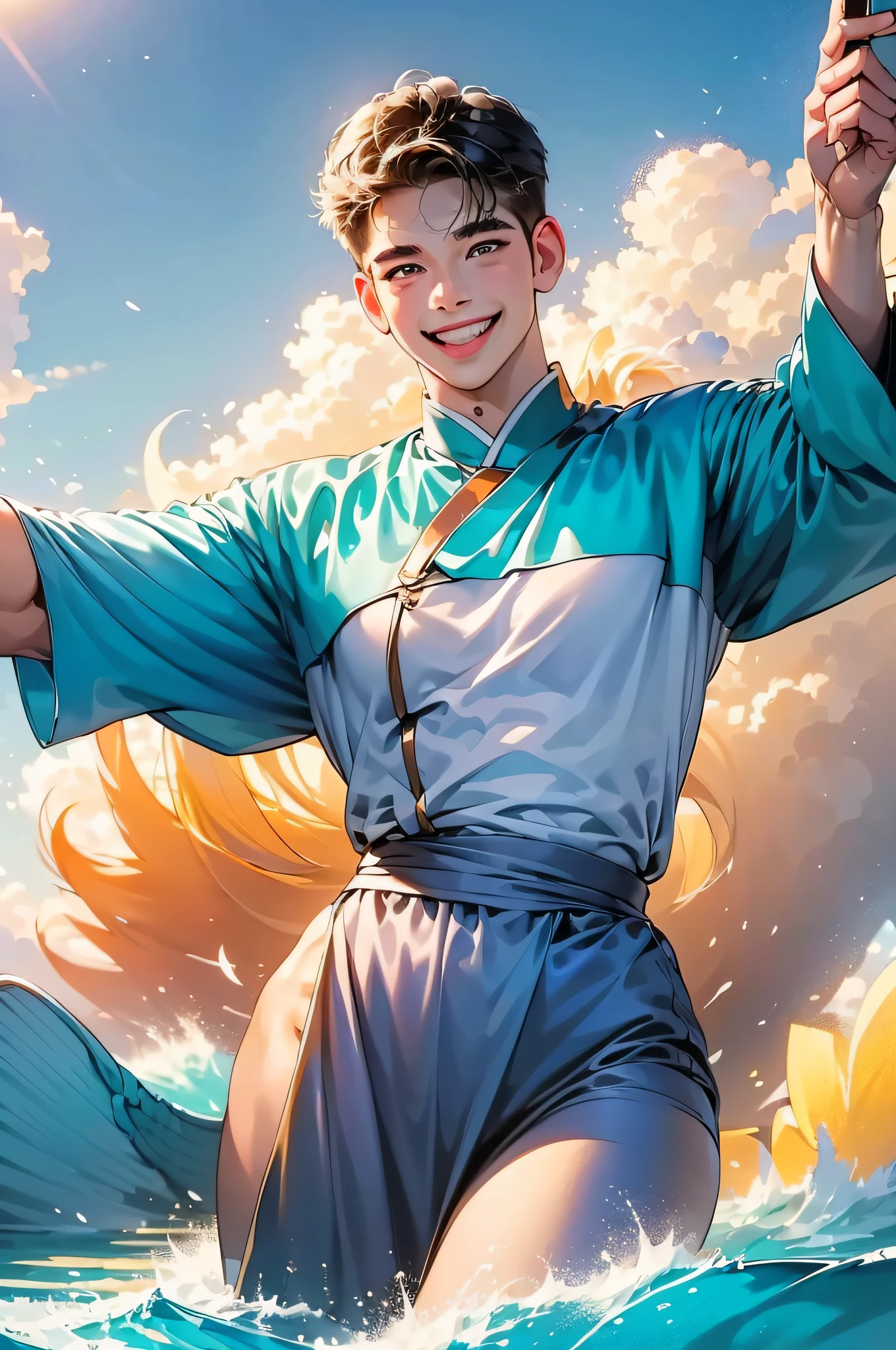 (in 8K、top-quality、masterpiece:1.2)、1人の女性、(Smiling smile:1.1)、beautidful eyes、Valley、The upper part of the body、shorth hair、Like a boy、Colossal tits、Purple View、