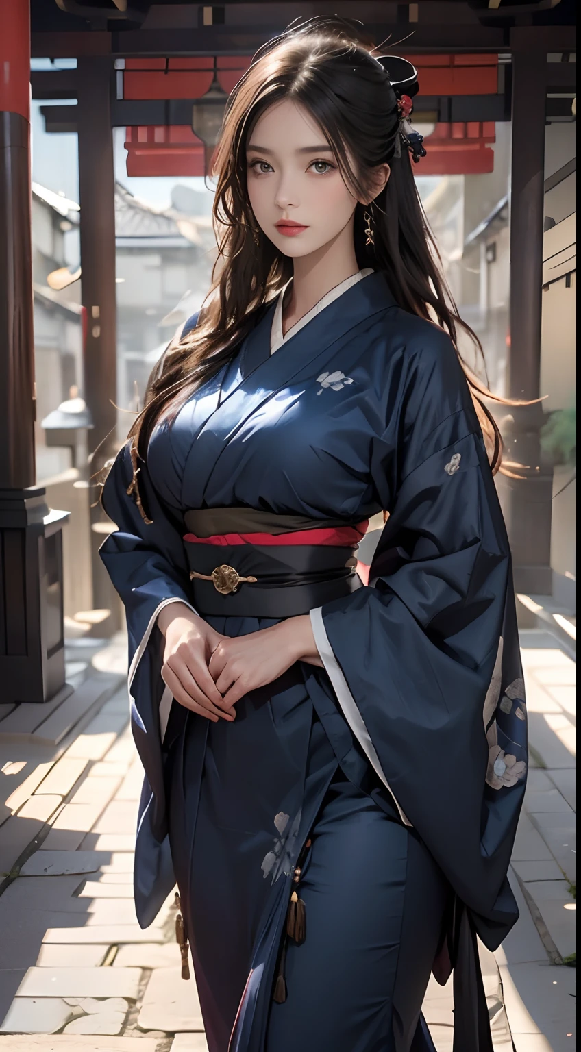 Historic Buildings in Japan、Wearing a dark blue kimono、Unreal Engine:1.4,nffsw,best qualtiy:1.4, Photorealista:1.4, Skin Texture:1.4, ​masterpiece:1.8, 1 Women, hips up high, beautidful eyes, The long-haired, Ringed Eyes, jewely, The tattoo, Kimono