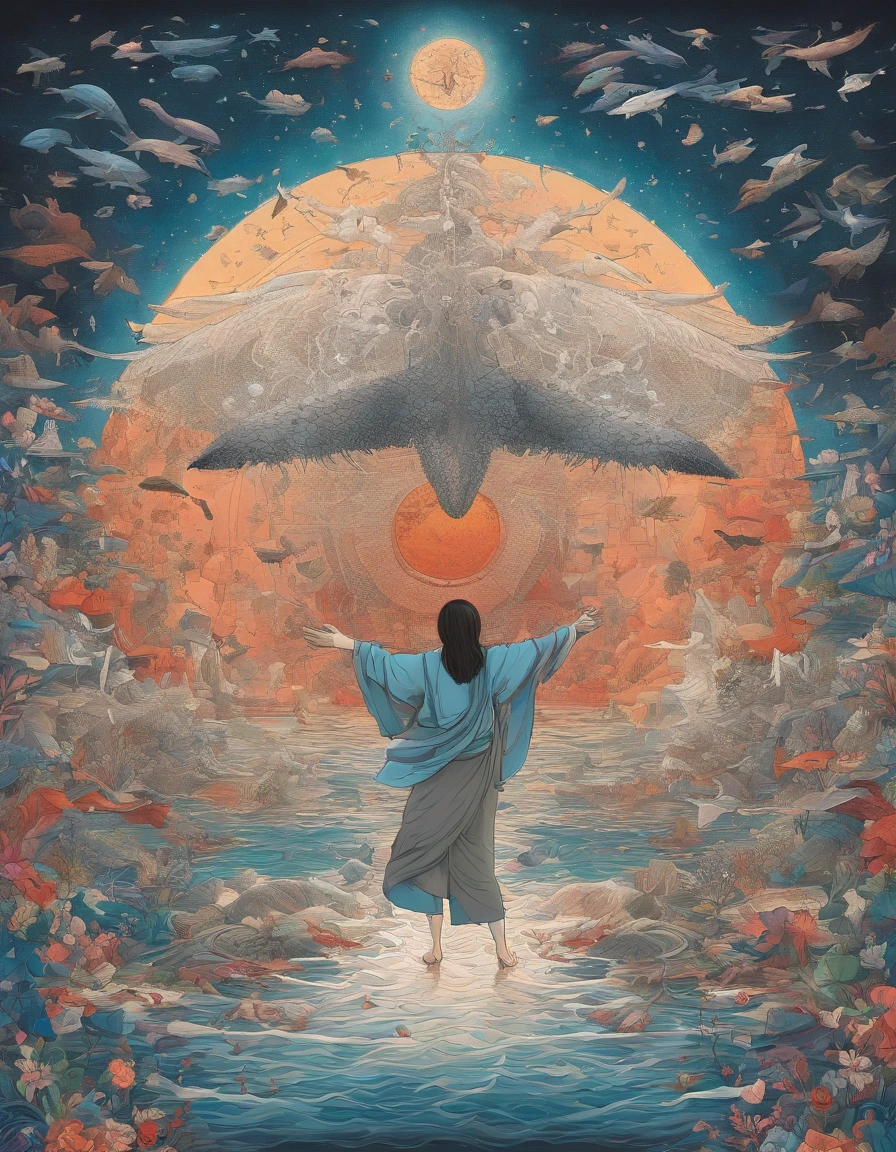 Draw a vivid scene of Jonah, Profeta de Deus, A Moment of Desperate Prayer in the Huge Belly of a Giant Whale.
Jonas ajoelhou-se molhado, Terreno escorregadio, Iluminado pela luz fraca que entra da boca da baleia.
He's wearing tattered clothes,Facial features radiate pain and humility.intrincado、alto detalhe、Dramatics、(volumeric lighting:1.2)Tiroteio HDR。(Close-up,Super Deep Vision,ultra-grande angular,Microfocal length lens:1.2)(realista:1.4)tmasterpiece、alta qualidade、Fotografia bonita
Perto de: Jonas, The inner walls of whales are rough, moist texture, Some kind of marine debris is visible.
Jonah raised his hand in prayer, tear in the eyes, For His Word is addressed to God.
A figura da baleia gigante paira sobre Jonas, Show His greatness and darkness, Em contraste gritante com a pequenez e fragilidade do profeta.