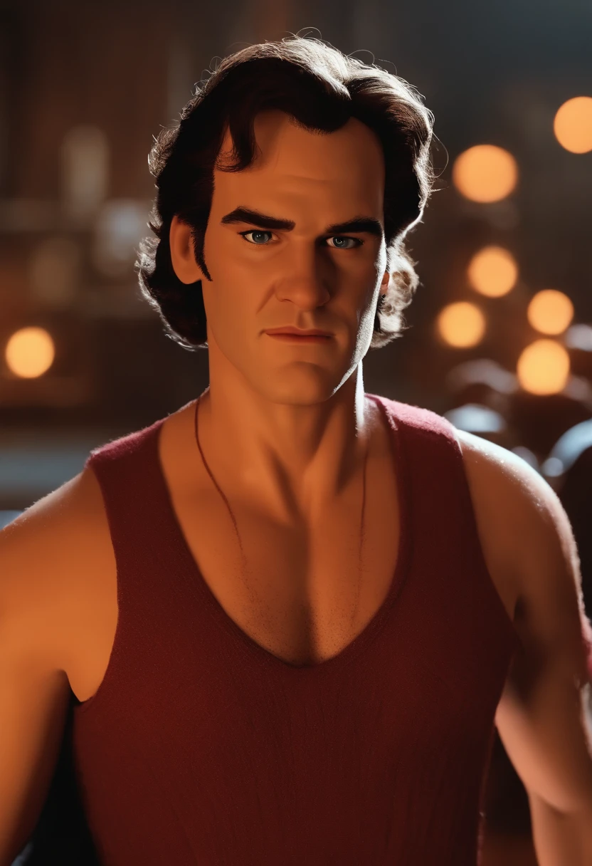 qualidade de imagem do filme,Disney Animation Style,Quentin Tarantino Filmmaker,anatomia correta,sharp focus on eyes,Bokeh,Facial features are carefully described, com o nome "Quentin Tarantino"
