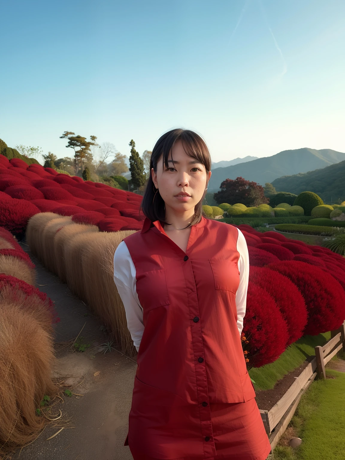 Woman standing in front of red flower field, The artist looks Yokoyama, standing in a botanical garden, Yuki,35 year old,A sexy,