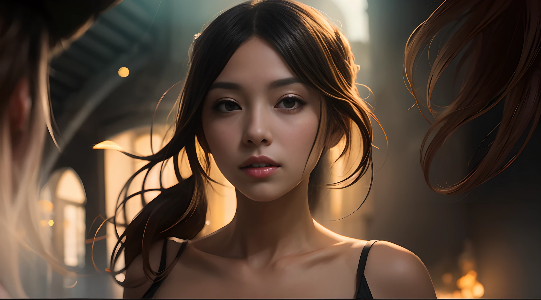 SHow different pose and what she wear: sport dress, short skirt, hair band, from diffrent camera angle, 4k, realistic, very detailed, wide angle lens, moist medieval town, vibrant, fantastical plants, a big house, Makoto Shinkai style, anime background, concept art, (no characters appearing), realistic lighting, epic composition, diffuse, (masterpiece, best quality), super hd, 32k --v 6