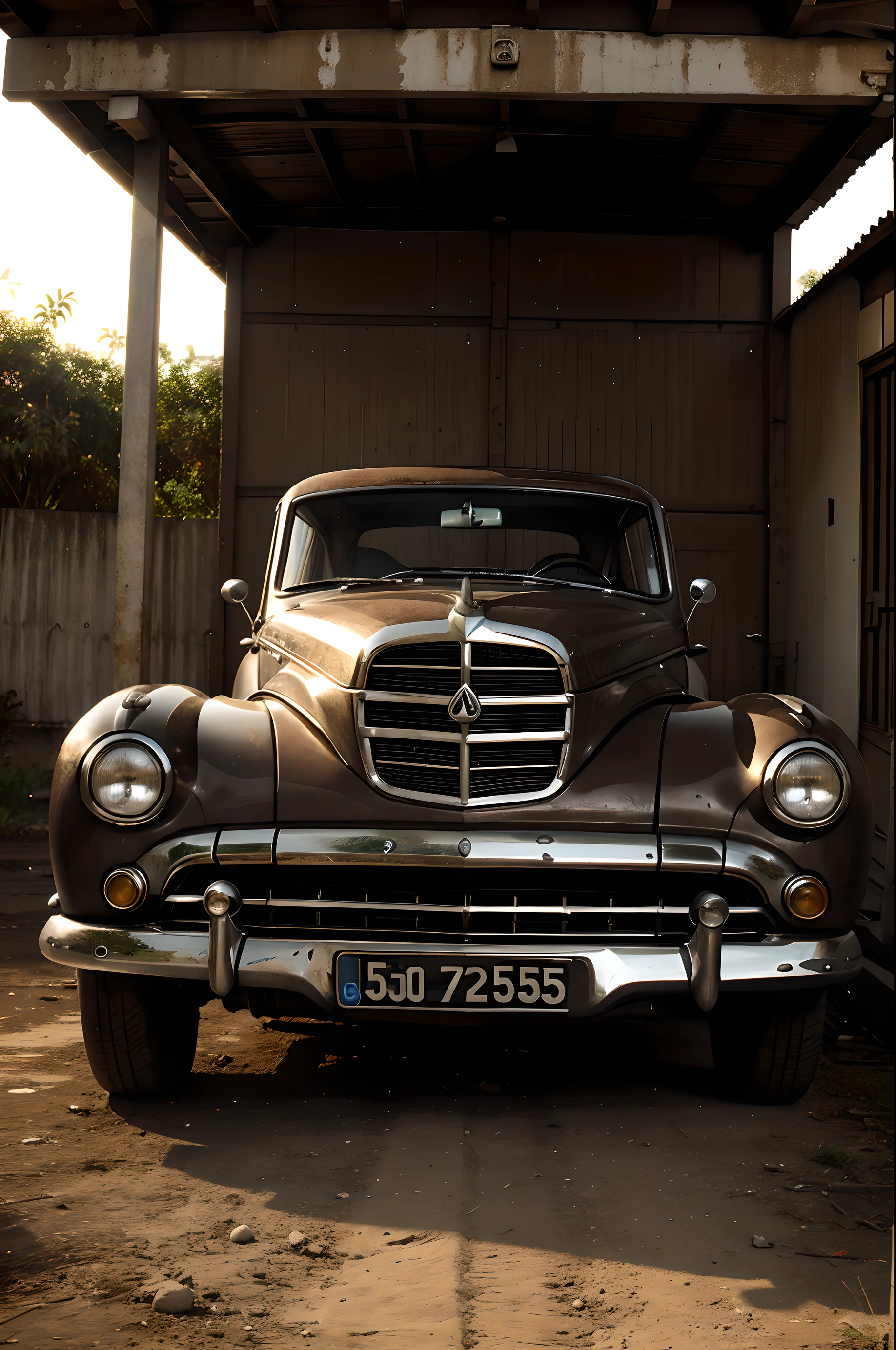 carro antigo, encontrado em uma garagem, no por do sol