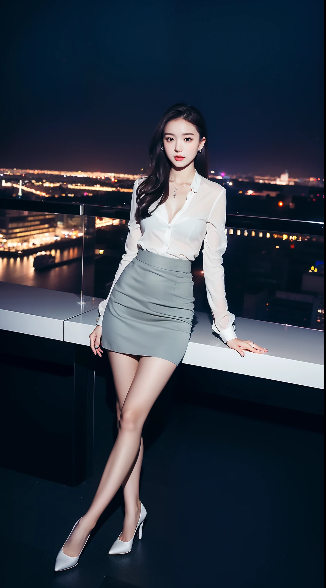 Ultra-clear resolution，top Quority，Wonderful young girl，ear studs，Clear  eyes，plain face，Gloss on lips，s the perfect face，White skin，Perfect chest，Slender legs，Gray office miniskirt，black heels，Romantic night view