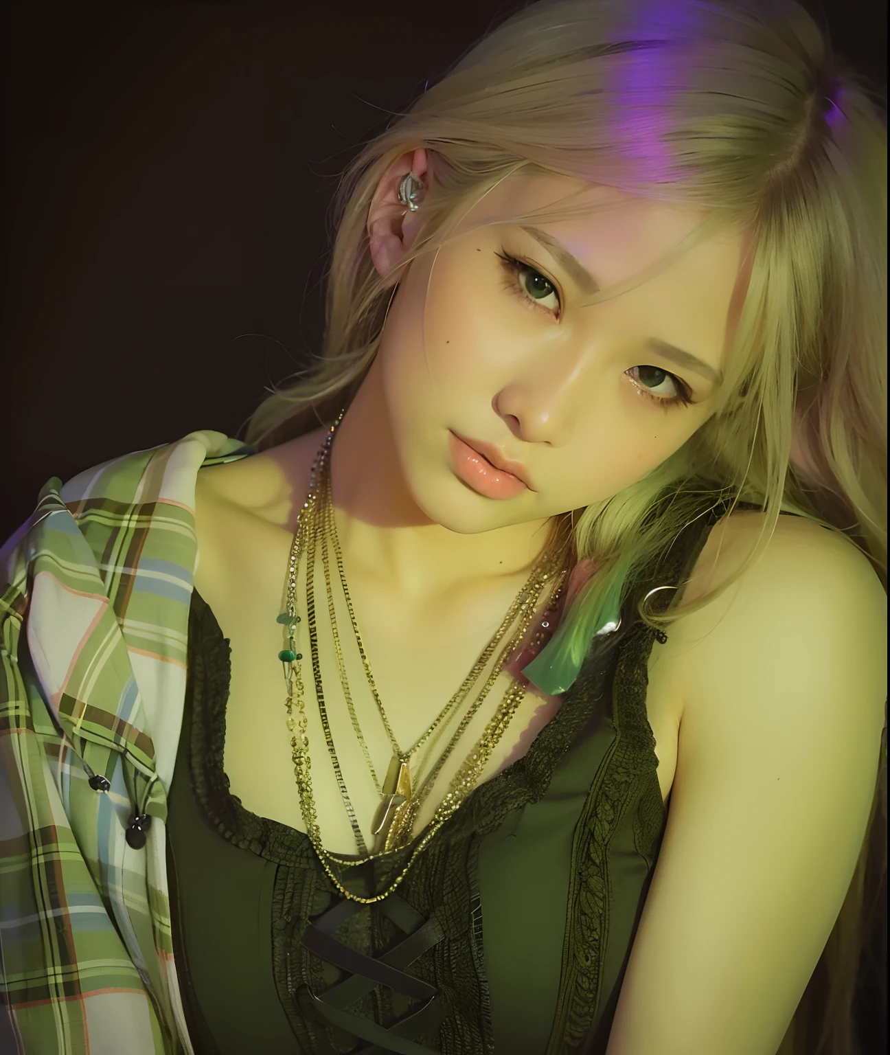 blond woman with long hair wearing a plaid shirt and necklace, roseanne park of blackpink, portrait of jossi of blackpink, jia, jossi of blackpink, jisoo from blackpink, sun yunjoo, portrait jisoo blackpink, heonhwa choe, jisoo of blackpink, jinyoung shin, portrait of female korean idol, leaked image, girl with white hair, ji-min