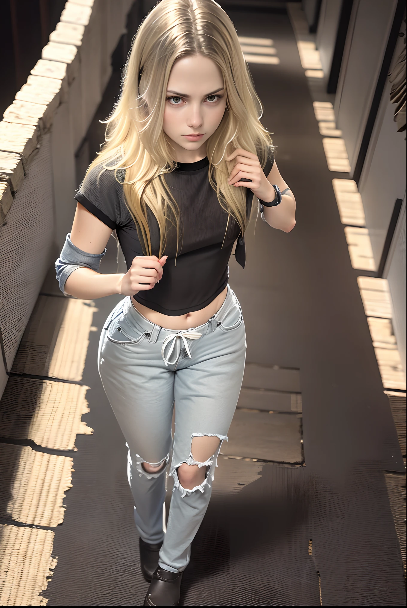 Trinity, walking towards viewer, ripped jeans, walking through a haunted mansion hallway, serious face,