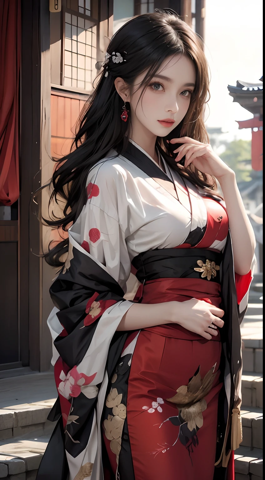 Historic Buildings in Japan、Wearing a black kimono、Unreal Engine:1.4,nffsw,best qualtiy:1.4, Photorealista:1.4, Skin Texture:1.4, masterpiece:1.8, 1 Women, hips up high, beautidful eyes, The long-haired, Ringed Eyes, jewely, The tattoo, Kimono