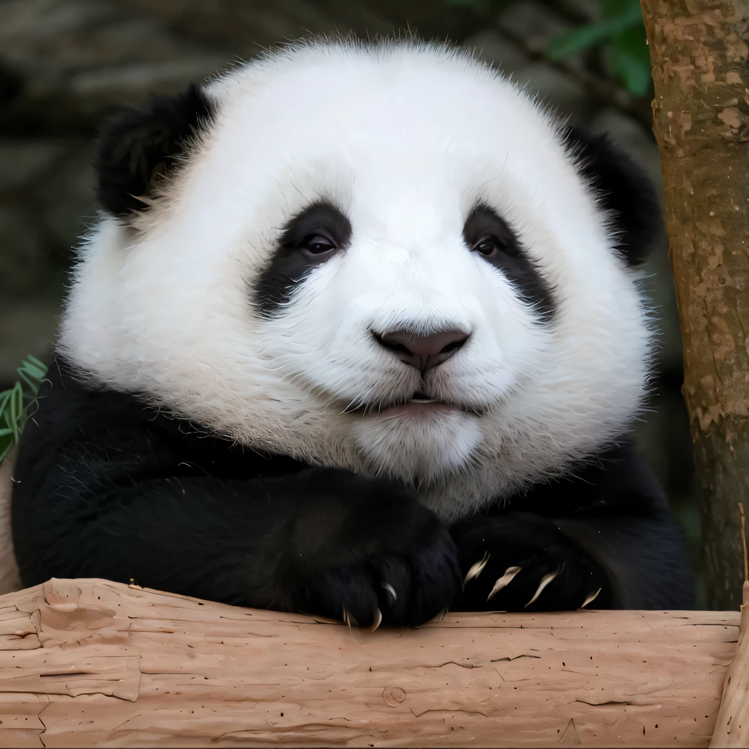 Panda sitting on log looking at camera, Cute panda, a cute giant panda, panda panda panda, Panda, tian zi, cute animal, the cutest creature in the world, the cutest creature in the world, painfully adorable, just a cute little thing, inquisitive look, cute looking, curious expressions, with cute doting eyes