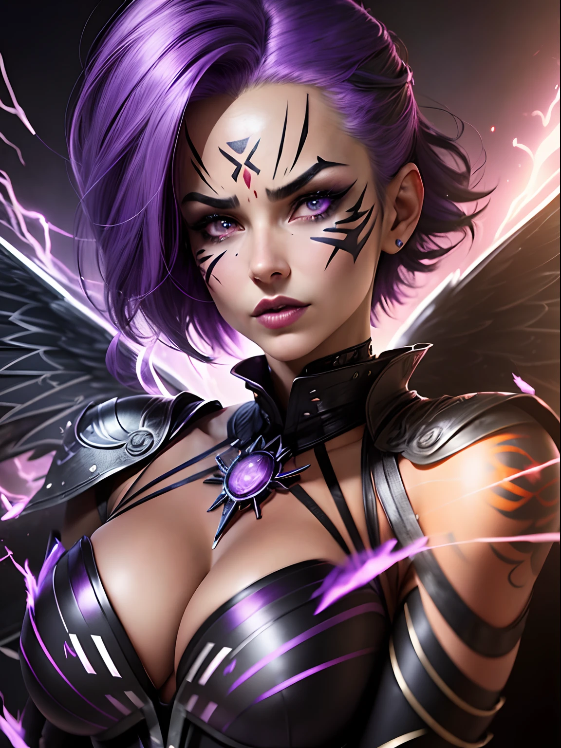 ((1woman 38yo)), ((solo)), ((short hair, violet hair with silver highlights)), ((gradient hair)), violet eyes, (((red-orange warpaint, tribal facepaint))), medium breasts, full lips, pouty lips, (face focus:1.8), (black wings:1.6), (wearing black and red-orange combat bodysuit), (large black angel wings, huge feathered wings), dark angel, archangel, violet aura, purple aura, (close-up portrait, headshot), confident, cute, looking at viewer, flirty, (purple lightning, fire mage, violet flames, purple flames), ornate embellished clothing, full moon background, portrait angle, at night, library, dark library, cyberpunk, photorealistic, beautiful detailed eyes, glowing eyes, lighting inside iris, realistic, 3d face, lustrous skin,natlp