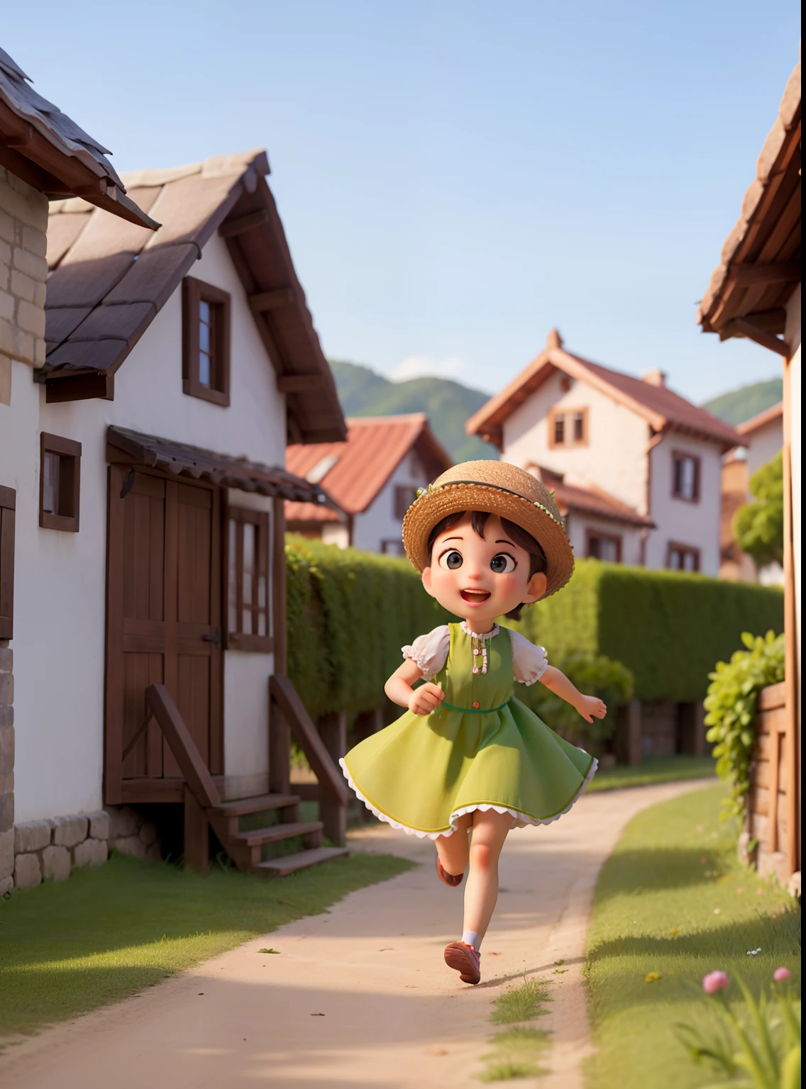 ( Dentro da aldeia) uma boneca (cabelos rosas) com um vestido( verde) Came running towards him in the village