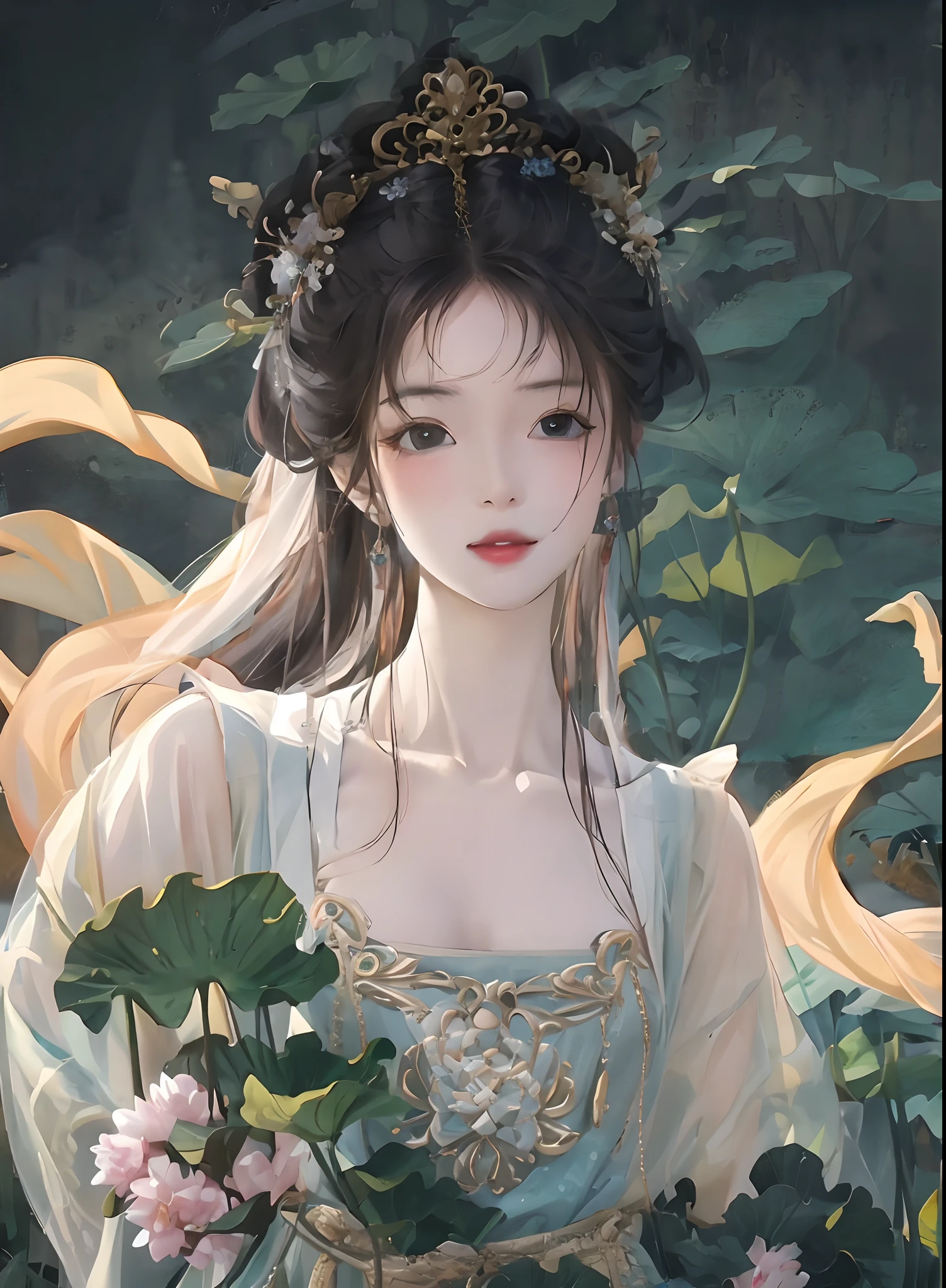 1girl, wearing Hanfu, lotus leaf, best quality, master, (full body: 1), highres, pretty face, hair accessories, (big breasts: 1) (solo: 1), looking at viewer, lips, dress, heal order , necklace, jewelry, (ridiculous long hair: 1.4), earrings, Hanfu, architecture, East Asian architecture, Hanfu, (fidelity: 1.5), super high resolution, best quality, blushing with shame, hair strands, behind arms, (expressive hair: 1.4) , perfect body proportions,