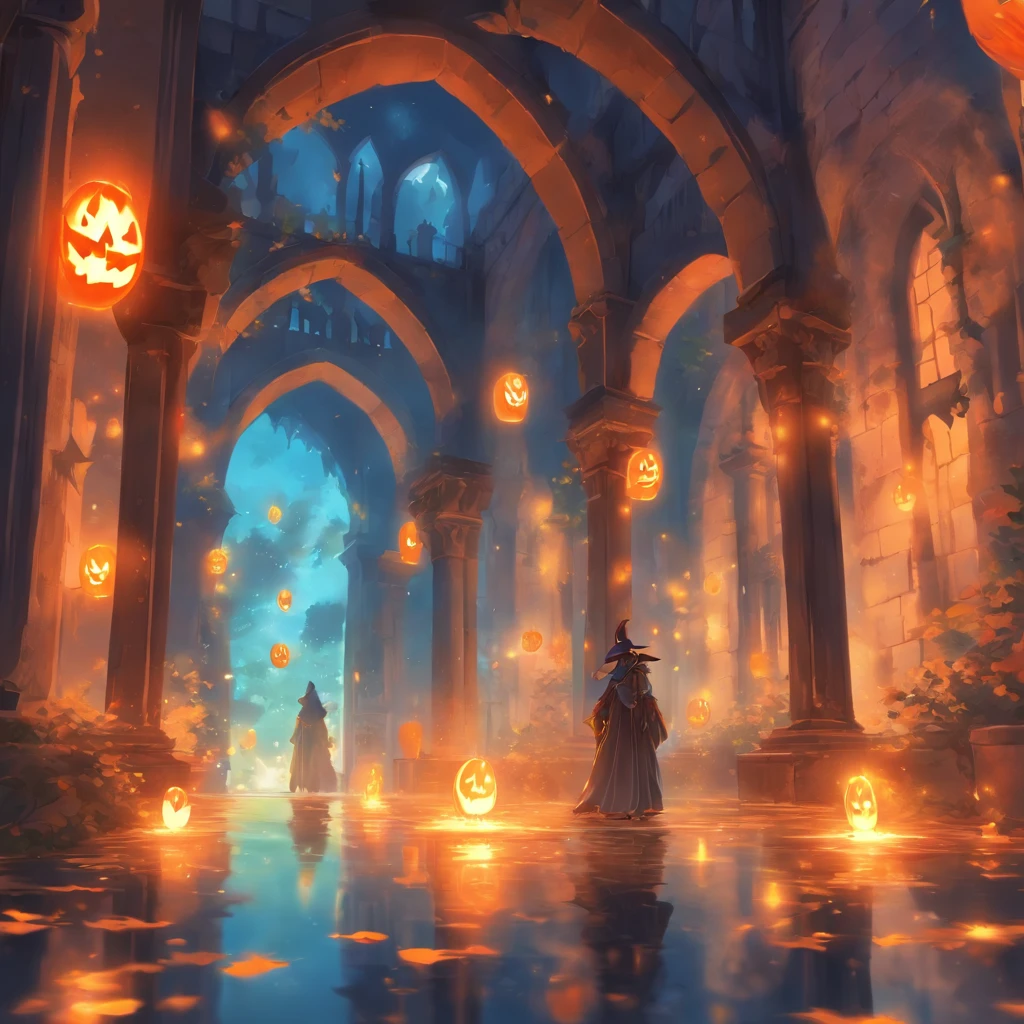 Halloween floating lights, cinematic light and reflections, Glowing lights, Intermediate metaverse elements,Digital painting, glowing reflections, Pondering, Halloween Jack Lantern, calm evening, Digital illustration, Beautiful atmosphere, Skylight at night, Peaceful evening atmosphere, Jack-o'-lantern, Halloween, the night, themoon, game scenes, Halloween, Surrounded by clouds, Architecture of medieval Europe, glazed tiles, European Union, Gorgeous colors, There are three arches in the foreground((Color ink)), ( (Splash ink ) ), ((Splash ink) Inky})), tmasterpiece, high qulity, Beautiful graphics, high detal,Magnificent