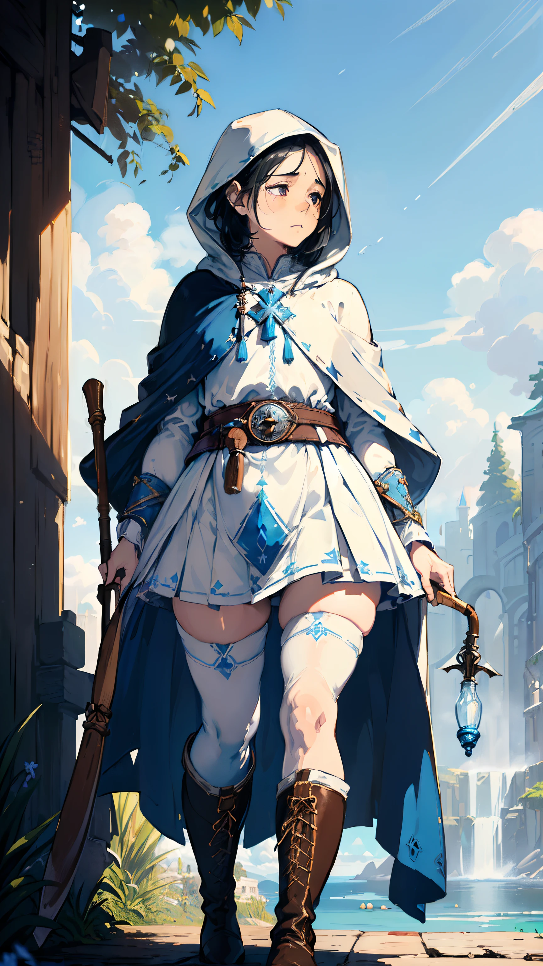 (((((middle age woman))))), masterpiece, ultra detailed, 8k portrait, RAW photo, portrait photography, highly detailed face, ((Fantasy)), 1 woman, (((priest))), nervous, (((standing))), (((Error-filled face))), 33 years old (((((pee odor woman))))), (((small eyes))), (((straight black hair))), ((long sideburns)), (((white skin color))), (((white and blue tunic and extra short skirt))), (((((pubic hair))))), (((hooded))) (((white and blue long cloak))) fluttering in the wind, (((little waist hip pouch))), (((leather boots))), (((holding a long wood cane like a big dildo))), Midday Sun, hyper realistic, flat chest, big butt, (((thick thighs))), Long legs, in the medieval adventurer's guild, Ambient lighting, Shadow details , Camera focus on thigh, strong breeze, Light fog