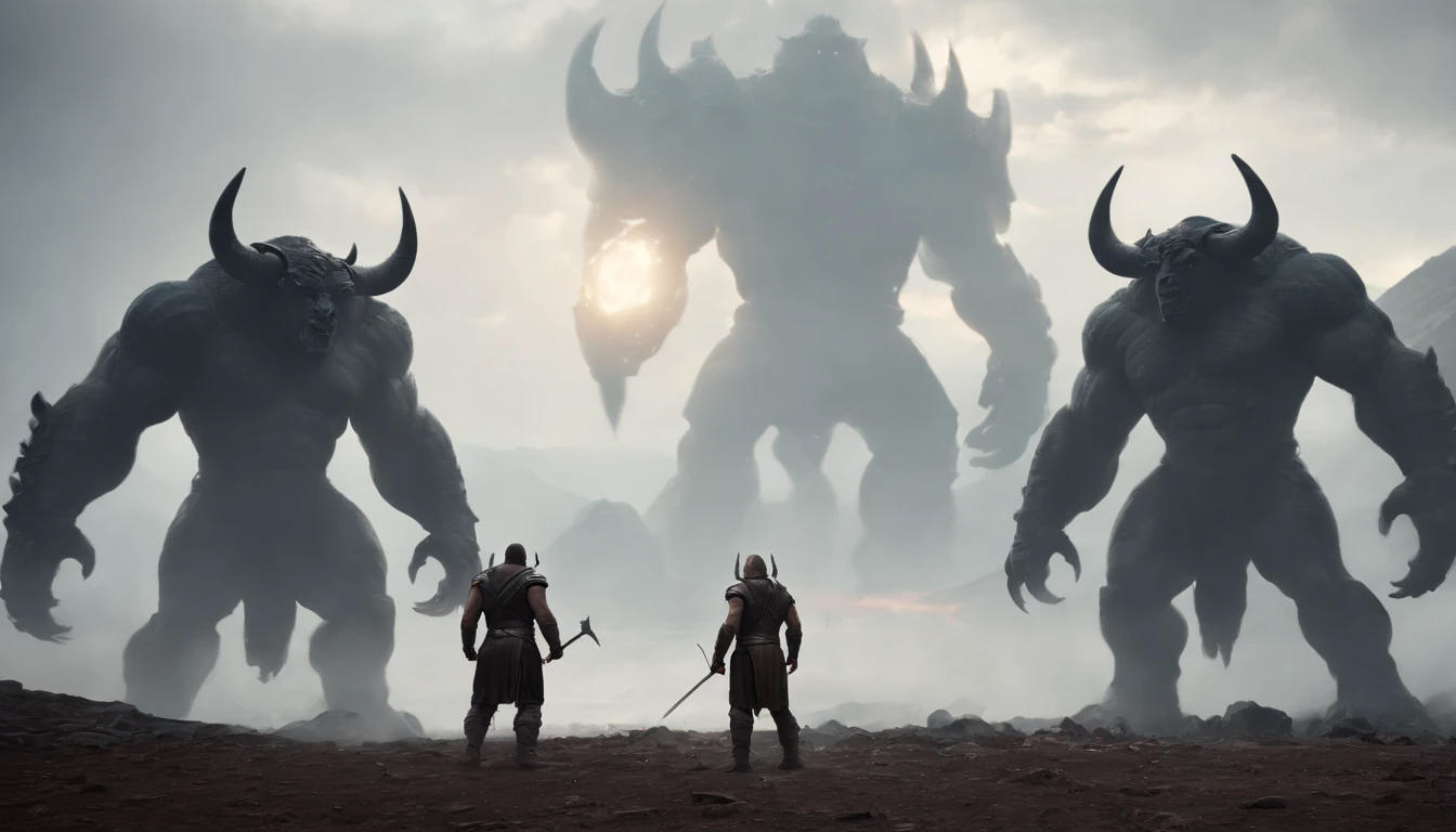 two warriors silhouettes standing in front of a massive [three-headed Cerberus] aggressively standing 100feet tall, located in a battlefield , concept art wallpaper 4k, sci-fi fantasy wallpaper, sci fi artwork, detailed sci-fi art, beautiful sci fi art, spaceships in the cloudy sky, concept art artwork masterpiece, concept art 4k, concept art 4 k, sci fi concept art, mystical sci-fi concept art