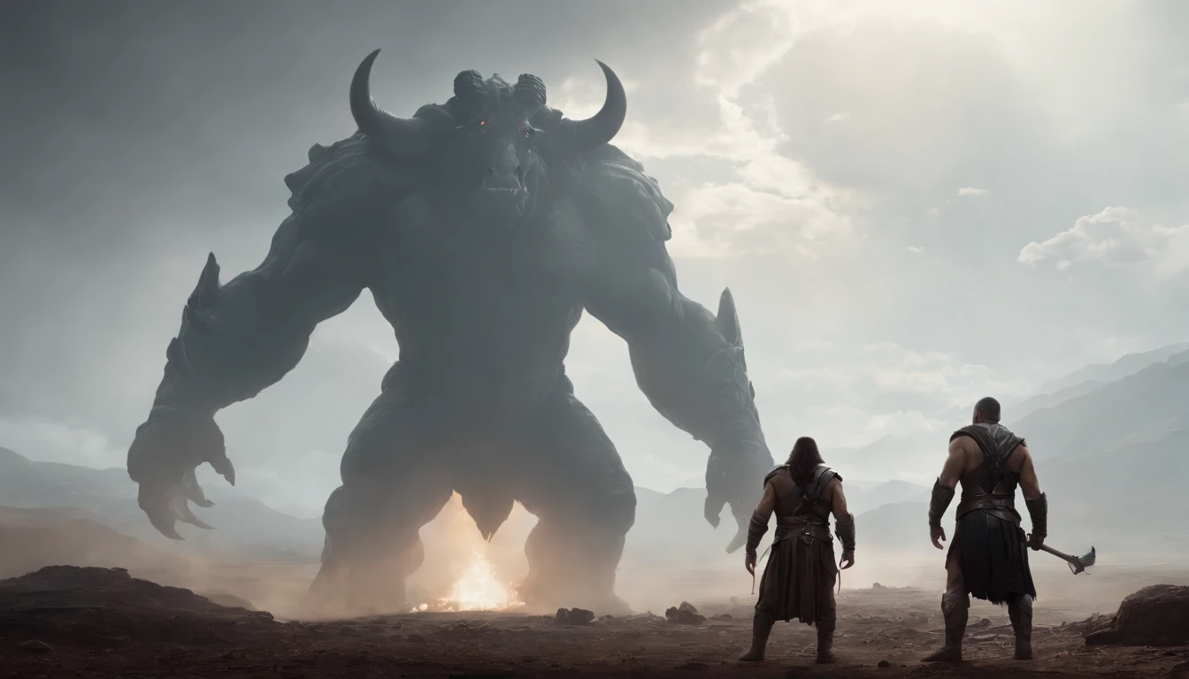 two warriors silhouettes standing in front of a massive Minotaur aggressively standing 100feet tall, located in a battlefield , concept art wallpaper 4k, sci-fi fantasy wallpaper, sci fi artwork, detailed sci-fi art, beautiful sci fi art, spaceships in the cloudy sky, concept art artwork masterpiece, concept art 4k, concept art 4 k, sci fi concept art, mystical sci-fi concept art