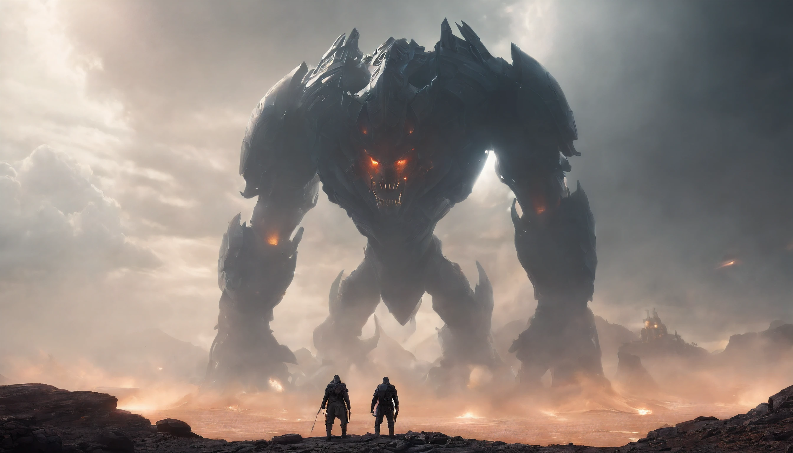two warriors silhouettes standing in front of a massive [three-headed Cerberus] aggressively standing 100feet tall, located in a battlefield , concept art wallpaper 4k, sci-fi fantasy wallpaper, sci fi artwork, detailed sci-fi art, beautiful sci fi art, spaceships in the cloudy sky, concept art artwork masterpiece, concept art 4k, concept art 4 k, sci fi concept art, mystical sci-fi concept art