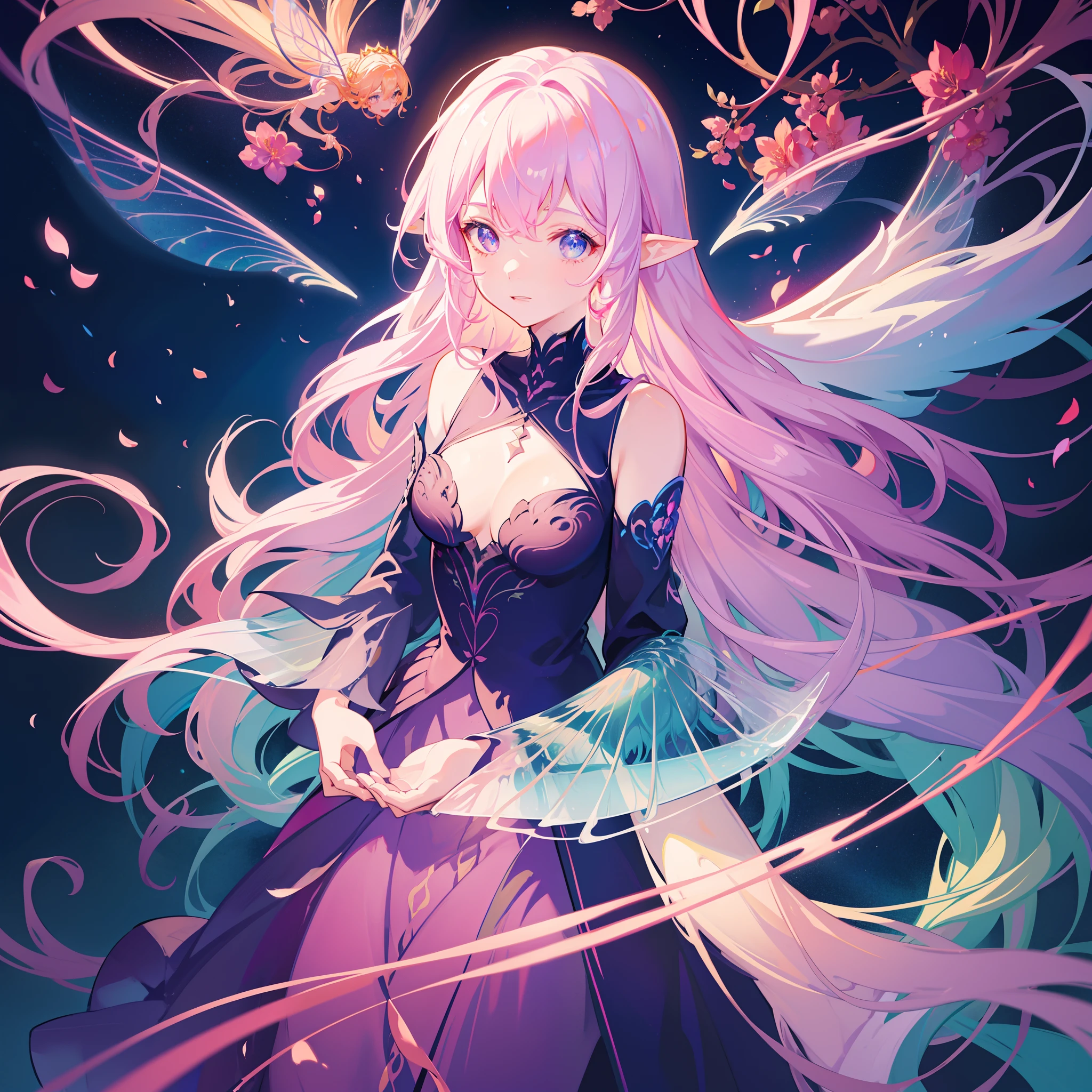 beautiful girl in flowing layered dress, 3girls, group of fairies, fairy queen, beautiful fairies, multiple fairies, (glowing fairy wings), glowing flowing ballgown, long wavy hair, sparkling fairy wings, watercolor illustration, flowers and colorful plants, inspired by Glen Keane, inspired by Lois van Baarle, disney art style, by Lois van Baarle, glowing aura around her, by Glen Keane, jen bartel, glowing lights! digital painting, flowing glowing hair, glowing flowing hair, beautiful digital illustration, fantasia otherworldly landscape plants flowers, beautiful, masterpiece, best quality, anime disney style