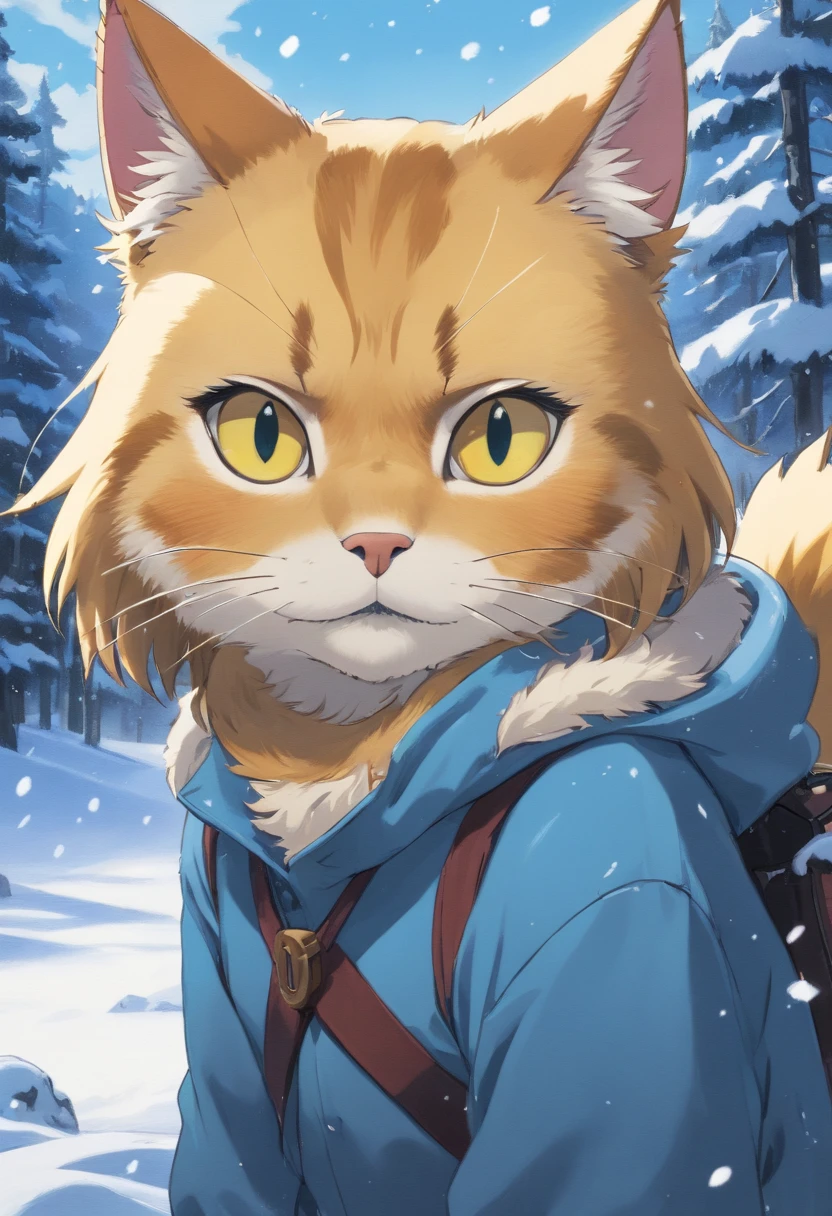 (Oil painting, Masterpiece, Best quality, Ultra detailed, Focus on character), Golden cat, ([back:0.8]|[ Face back:1.1]), Serious face, ([Cold scenario:1.2]|[ Snowy background:1.3]| [High contrast:1.1])
