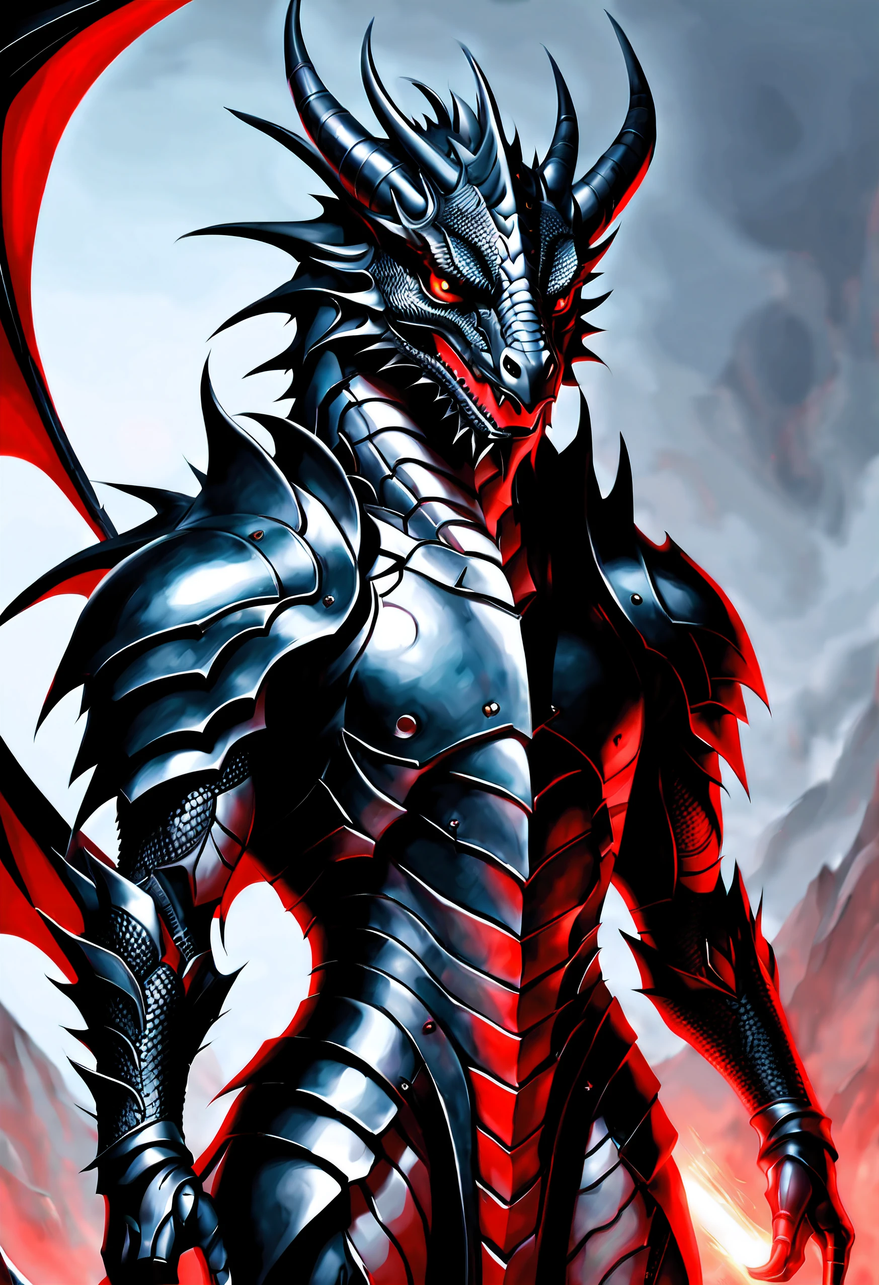 humanoid, Black dragon, red eyes, tiny wings, short horns, armor, male, tall, strong body