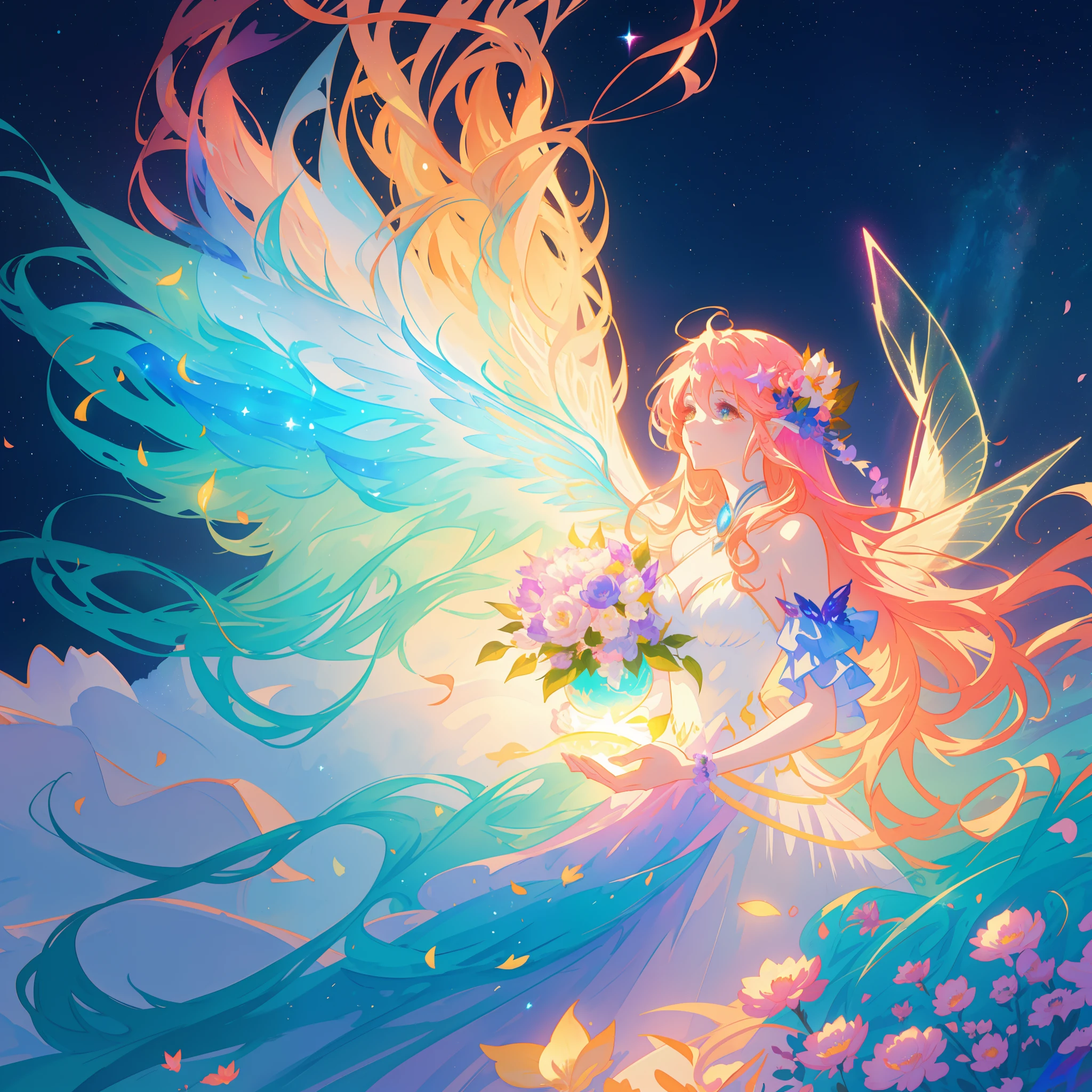 beautiful girl in flowing ballgown dress, (glowing fairy wings), glowing flowing ballgown, long wavy hair, sparkling fairy wings, watercolor illustration, flowers and colorful plants, inspired by Glen Keane, inspired by Lois van Baarle, disney art style, by Lois van Baarle, glowing aura around her, by Glen Keane, jen bartel, glowing lights! digital painting, flowing glowing hair, glowing flowing hair, beautiful digital illustration, fantasia otherworldly landscape plants flowers, beautiful, masterpiece, best quality, anime disney style