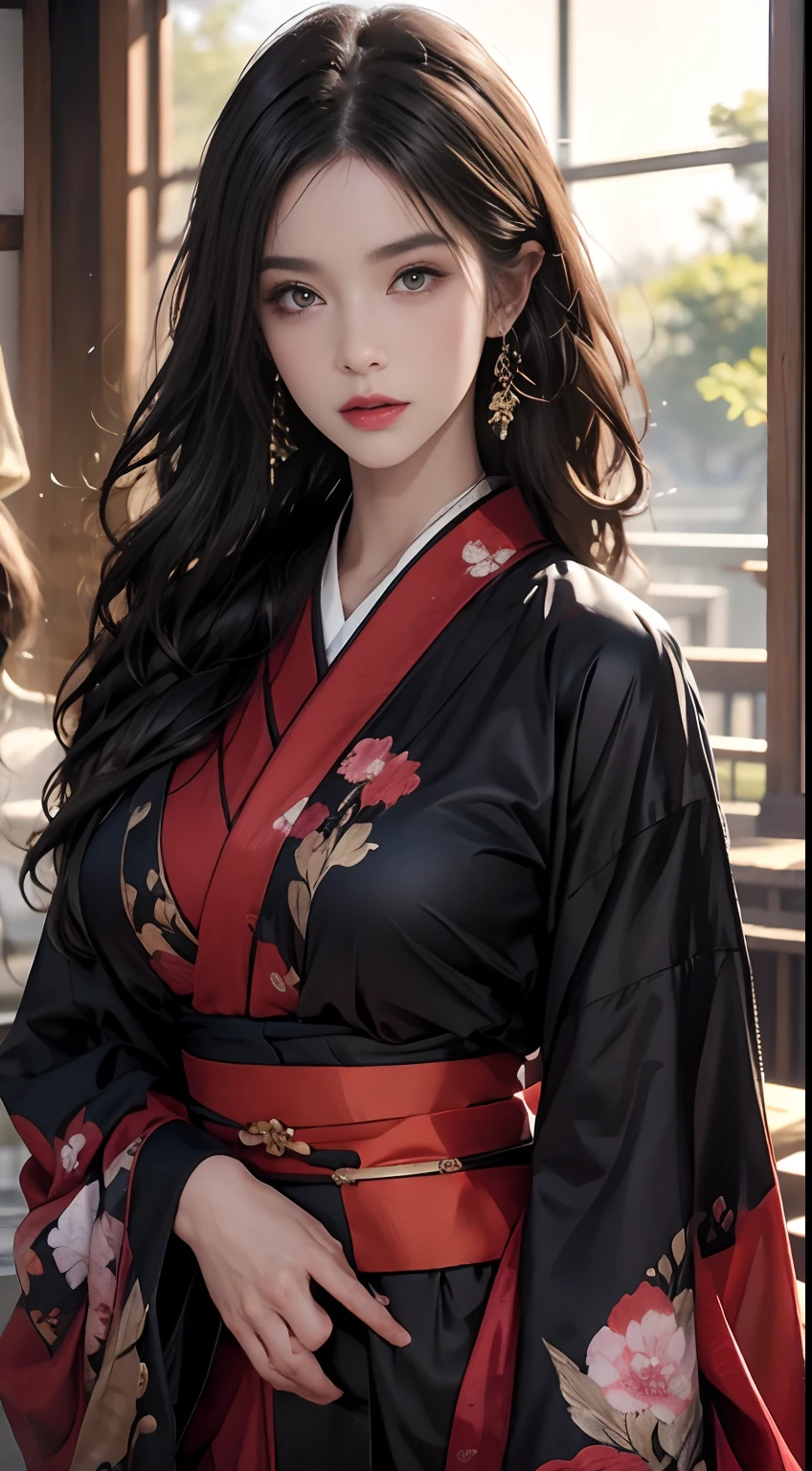 Historic Buildings in Japan、Wearing a black kimono、Unreal Engine:1.4,nffsw,best qualtiy:1.4, Photorealista:1.4, Skin Texture:1.4, ​masterpiece:1.8, 1 Women, hips up high, beautidful eyes, The long-haired, Ringed Eyes, jewely, The tattoo, Kimono