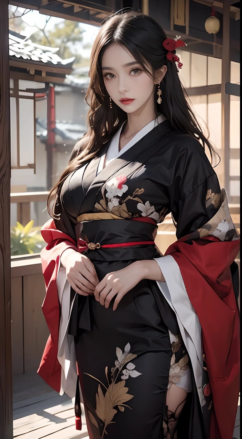 Historic Buildings in Japan、Wearing a black kimono、Unreal Engine:1.4,nffsw,best qualtiy:1.4, Photorealista:1.4, Skin Texture:1.4, ​masterpiece:1.8, 1 Women, hips up high, beautidful eyes, The long-haired, Ringed Eyes, jewely, The tattoo, Kimono