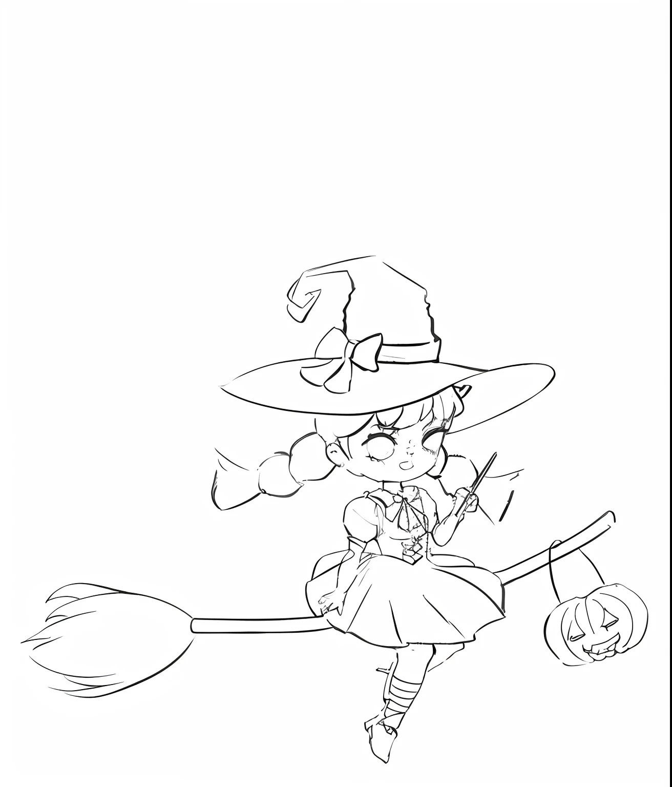 A painting of a in a witch's costume flying on a broomstick, Simple lines of art, the witch, clean lineart, in a halloween style, bright witch, sorceress woman, classical witch, scarry but bewitching, witch, linear art, cat witch, flirty anime witch casting magic, thick lineart, portrait of a young witch girl