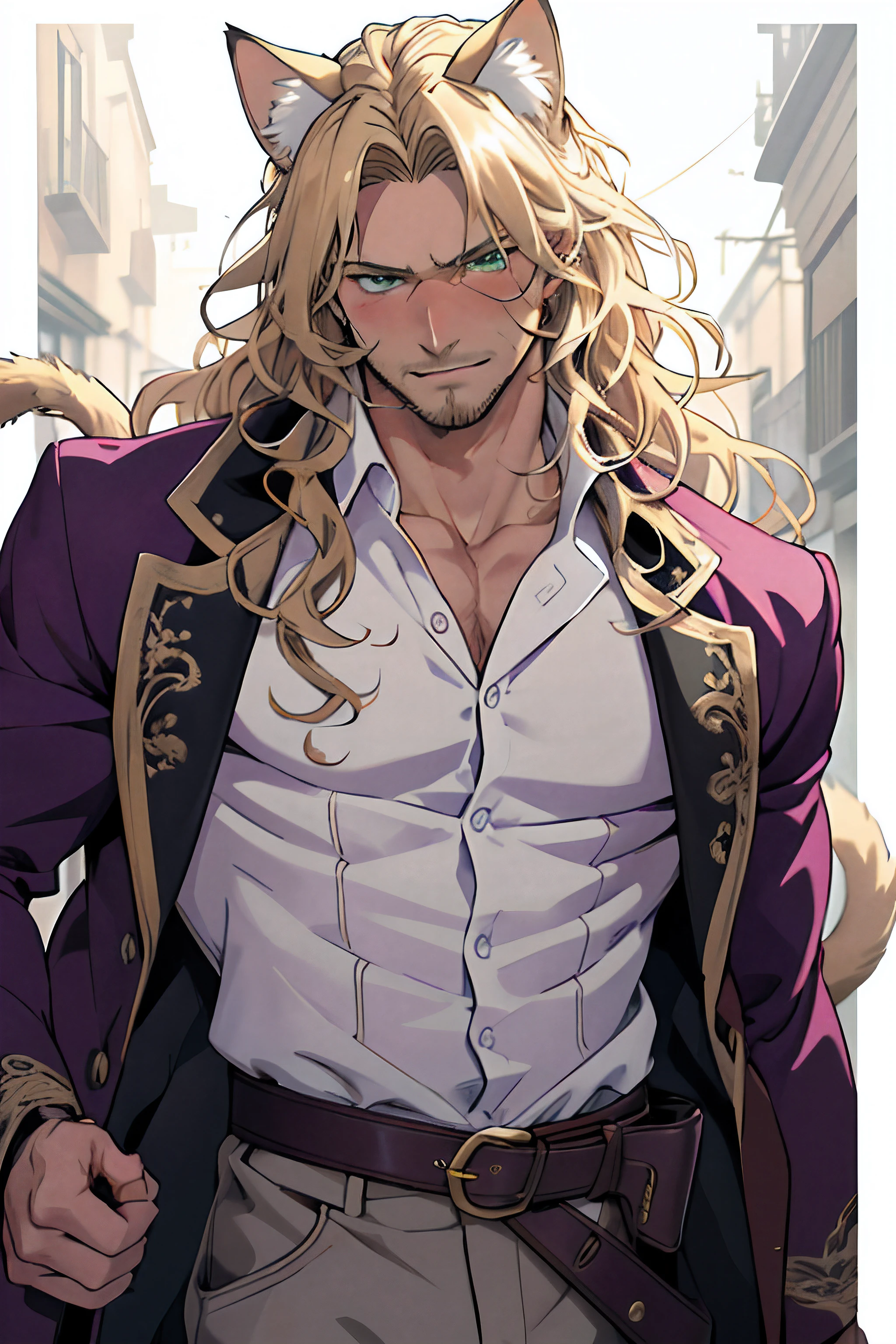 Purple coat, one male, cat ears, long hair, blond, blond hair, green eyes, tall, muscular, white shirt, beautiful face, highest quality, masterpiece, 2d, anime, perfect face, highest detail, feline eyes, stubble, cat tail, wavy hair, cowboy shot, detailed face, intricate details, blushing, nervous,