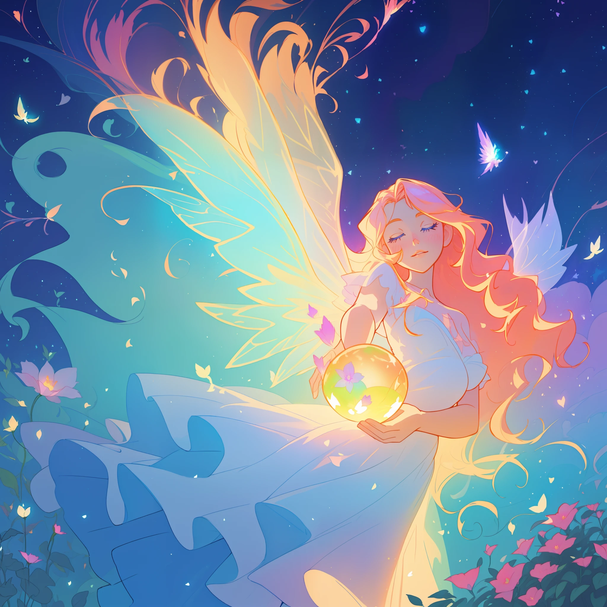 beautiful girl in flowing ballgown dress, (glowing fairy wings), glowing flowing ballgown, long wavy hair, sparkling fairy wings, watercolor illustration, flowers and colorful plants, inspired by Glen Keane, inspired by Lois van Baarle, disney art style, by Lois van Baarle, glowing aura around her, by Glen Keane, jen bartel, glowing lights! digital painting, flowing glowing hair, glowing flowing hair, beautiful digital illustration, fantasia otherworldly landscape plants flowers, beautiful, masterpiece, best quality, anime disney style