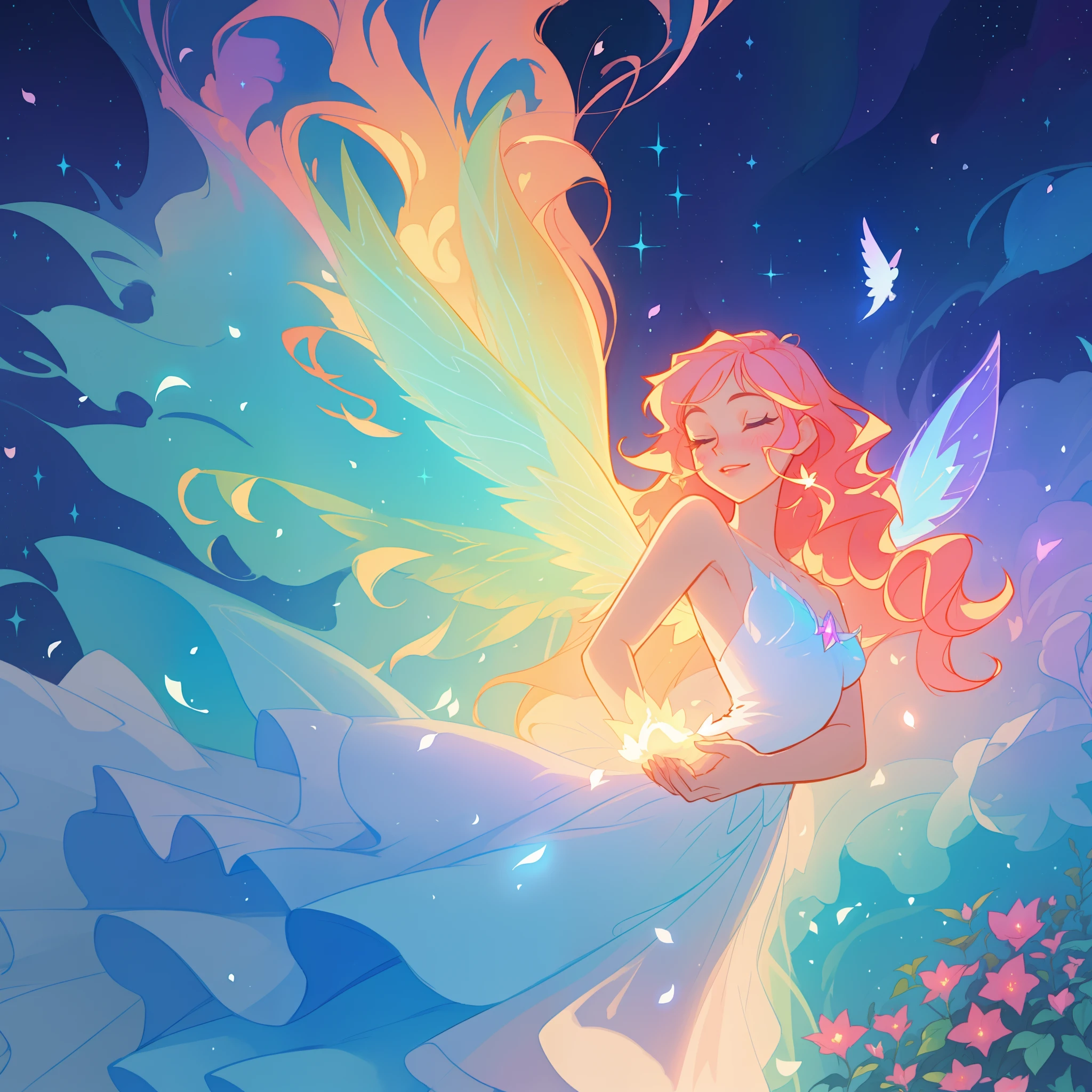beautiful girl in flowing ballgown dress, (glowing fairy wings), glowing flowing ballgown, long wavy hair, sparkling fairy wings, watercolor illustration, flowers and colorful plants, inspired by Glen Keane, inspired by Lois van Baarle, disney art style, by Lois van Baarle, glowing aura around her, by Glen Keane, jen bartel, glowing lights! digital painting, flowing glowing hair, glowing flowing hair, beautiful digital illustration, fantasia otherworldly landscape plants flowers, beautiful, masterpiece, best quality, anime disney style