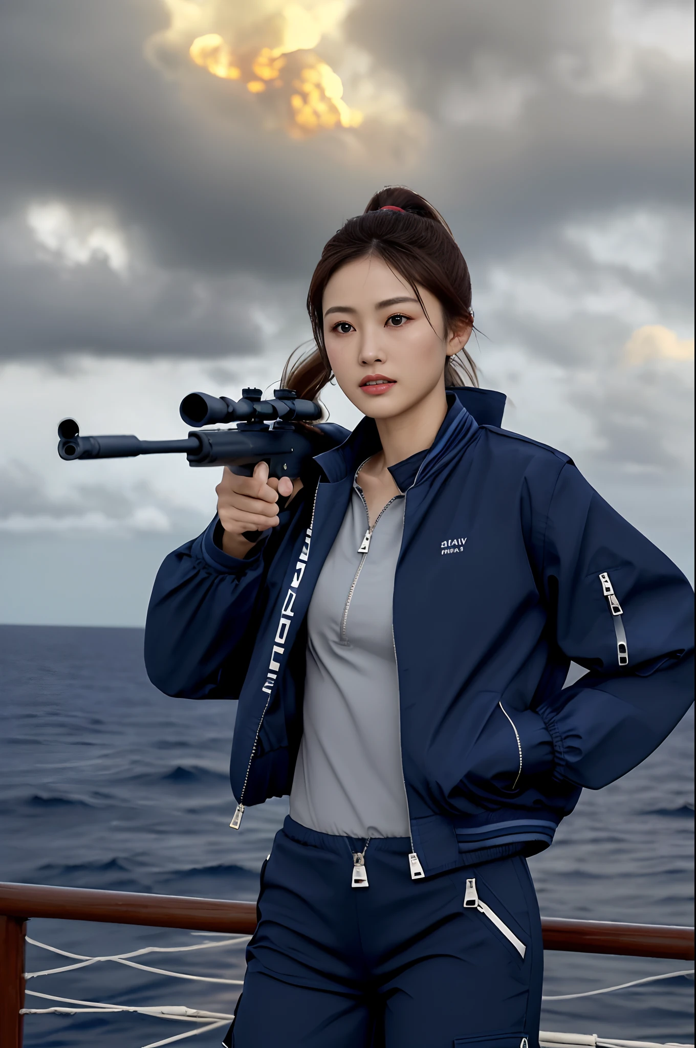 [((on ship deck,1 beautiful girl,Extremely exquisite facial details,short ponytail,Big watery eyes,small face,pale and flawless skin,Exquisite makeup,(Navy Blue zipped-up jacket and pants:1.3),slim,alert,holding rifle,Aiming and shooting,from everywhere))],
masterpiece,highres, highest quality,intricate detail,best texture,realistic,8k,soft light,perfect shadow,
sea,sunny,cloudy,wind,wet, 
Age Of Wind,naval battle,conflict,bombard.firing,Smoke emitting
