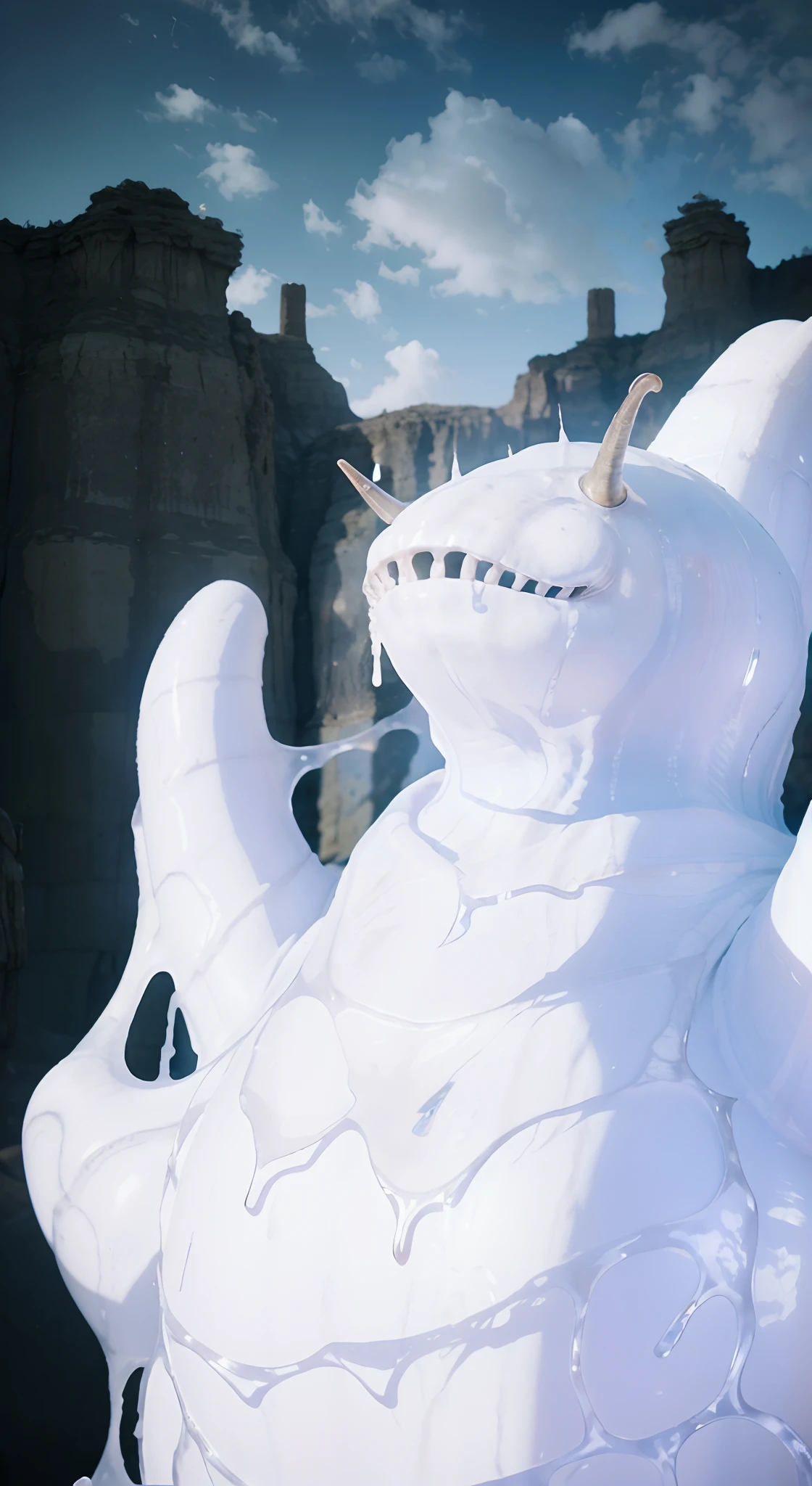 Realistic Giant monster, its head resembles an alien monster,same horn, His entire body was covered in transparent jelly , realistic light, realistic shadow, realism, hyper realistic,(photorealistic:1.2), realistic desert background,(His hands had a gripped expression)